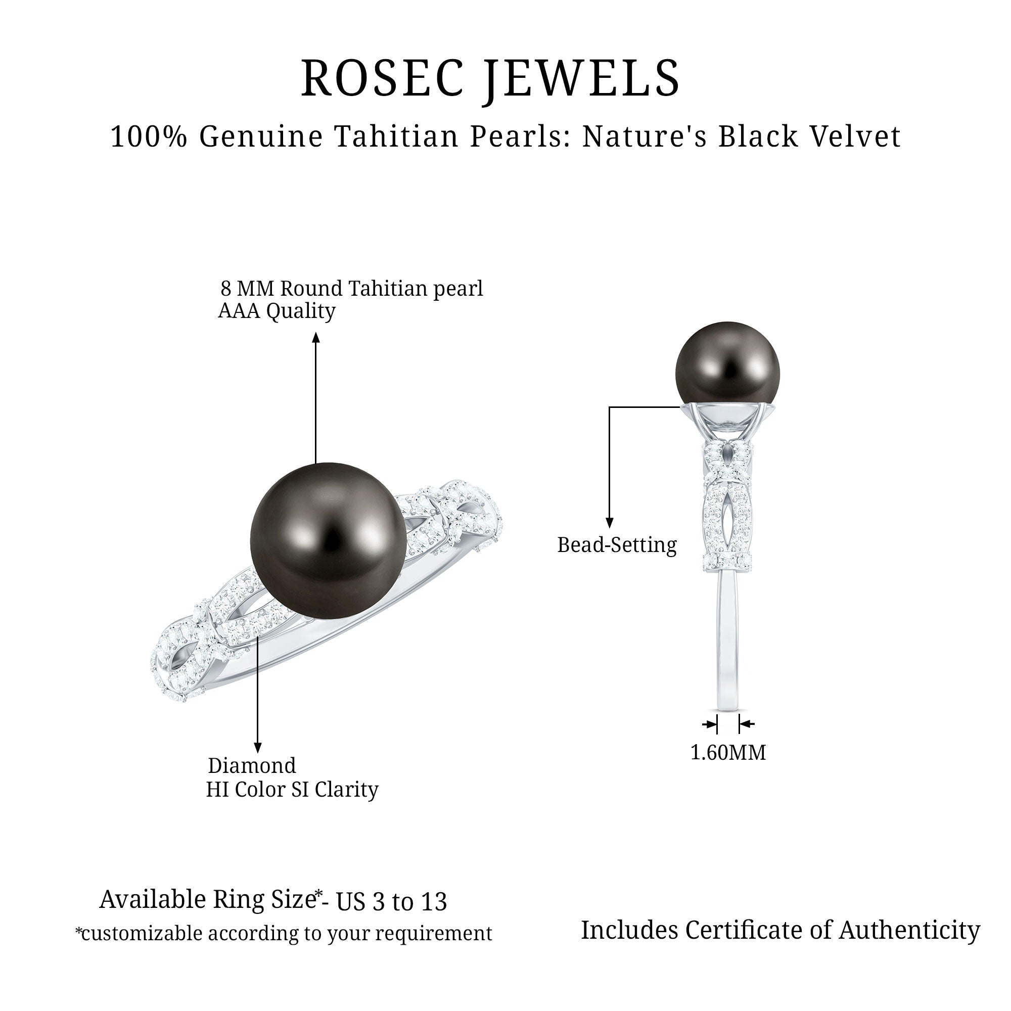 Genuine 8 Carat Black Pearl and Diamond Engagement Ring AAA - Rosec Jewels