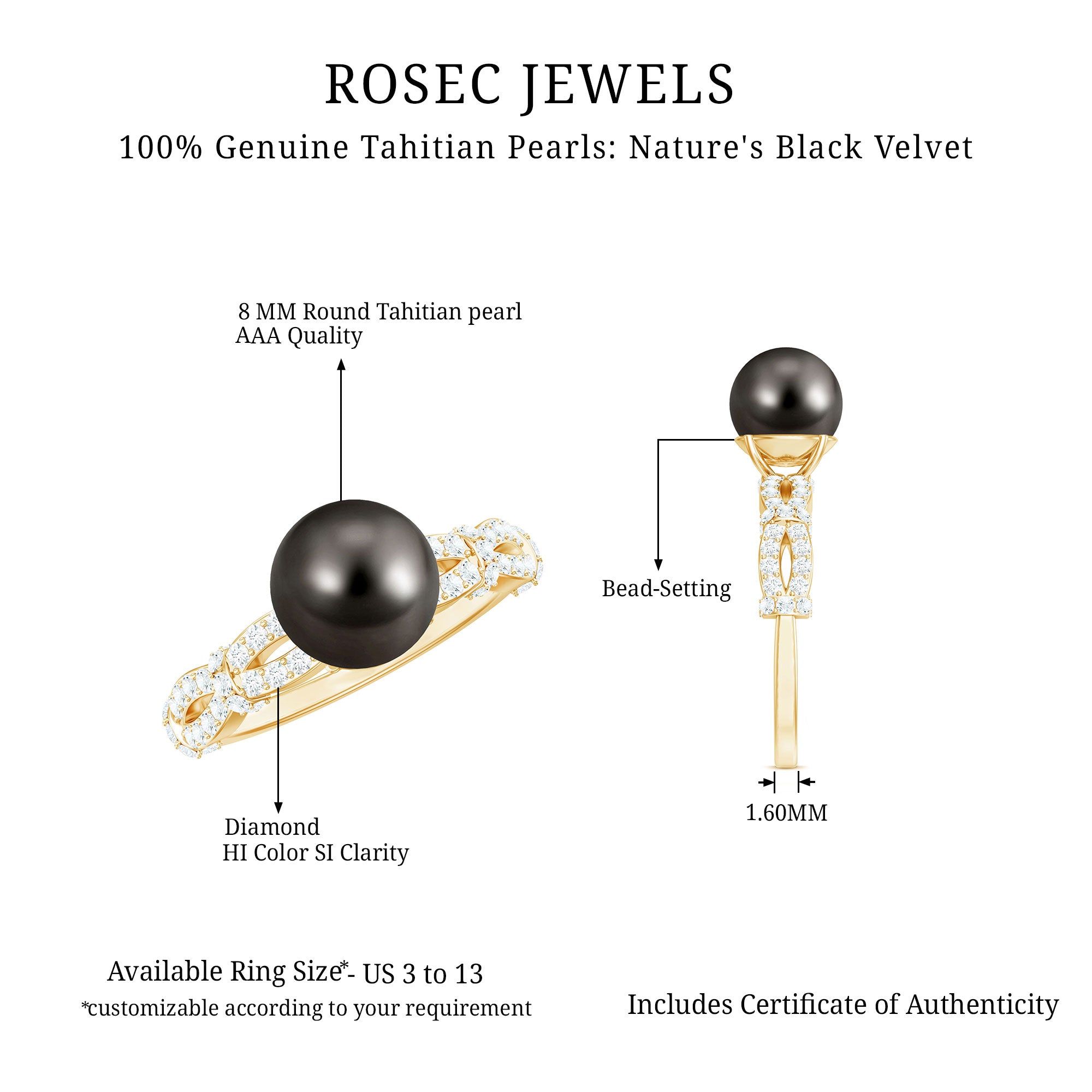 Genuine 8 Carat Black Pearl and Diamond Engagement Ring AAA - Rosec Jewels
