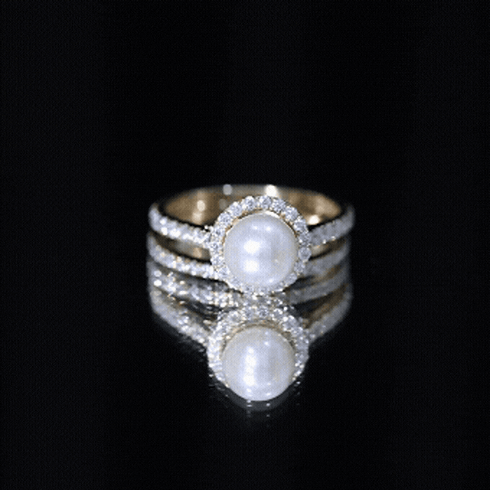 Round Freshwater Pearl and Moissanite Halo Wedding Ring Set AAA - Rosec Jewels