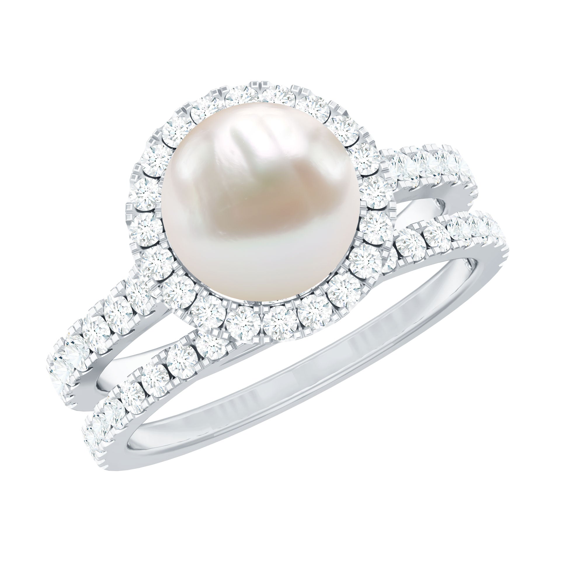 Freshwater Pearl and Moissanite Halo Wedding Ring Set in Gold