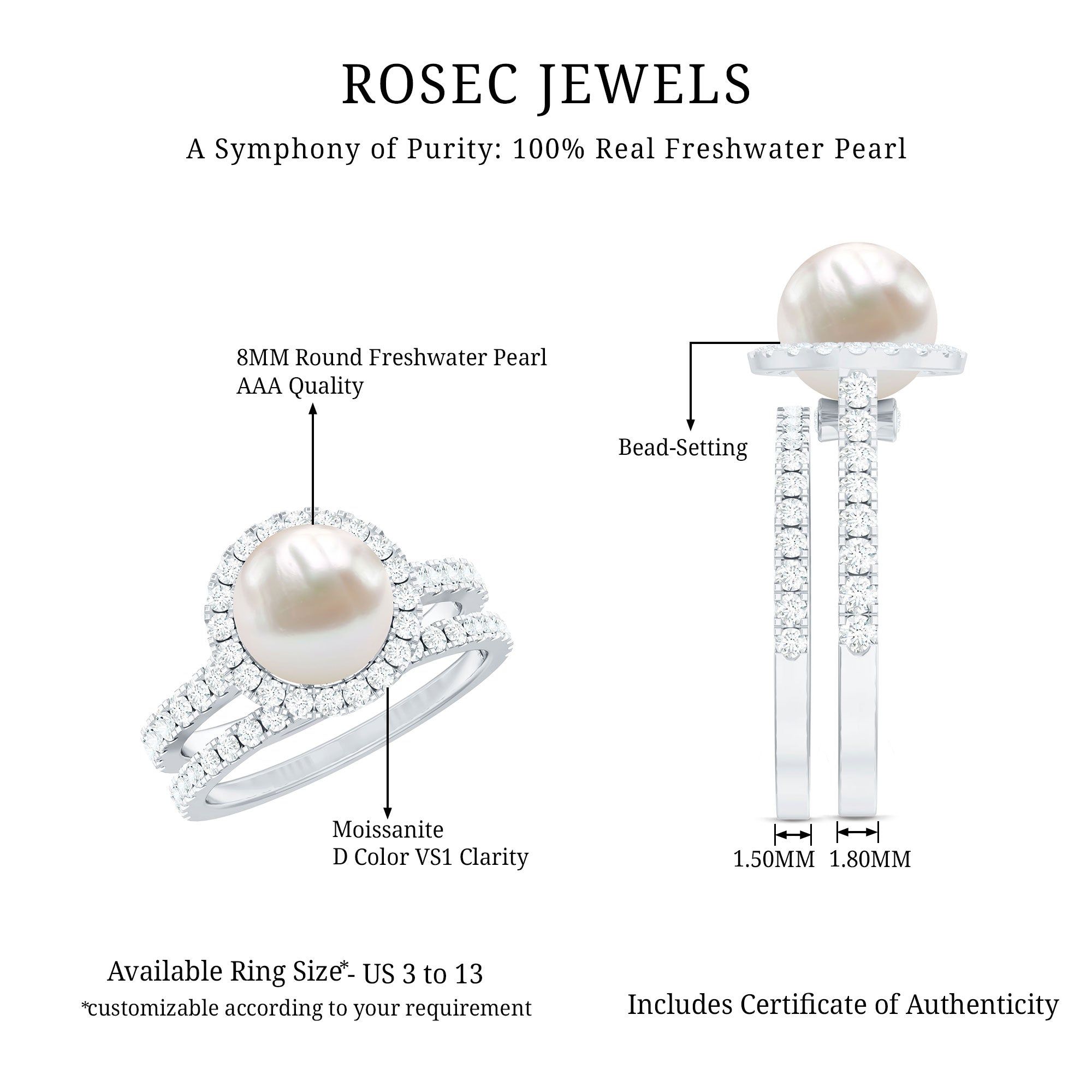 Round Freshwater Pearl and Moissanite Halo Wedding Ring Set AAA - Rosec Jewels