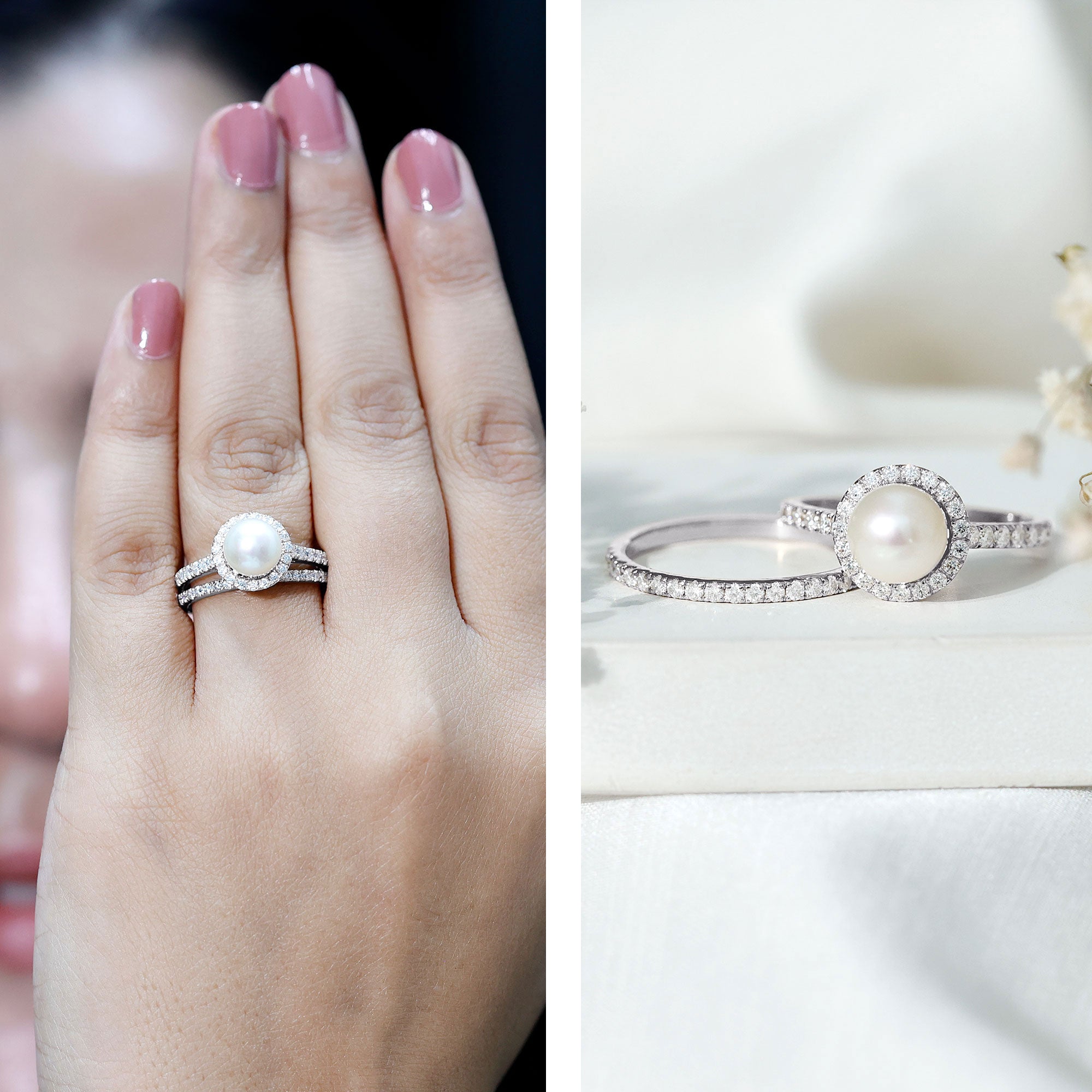 Round Freshwater Pearl and Moissanite Halo Wedding Ring Set AAA - Rosec Jewels