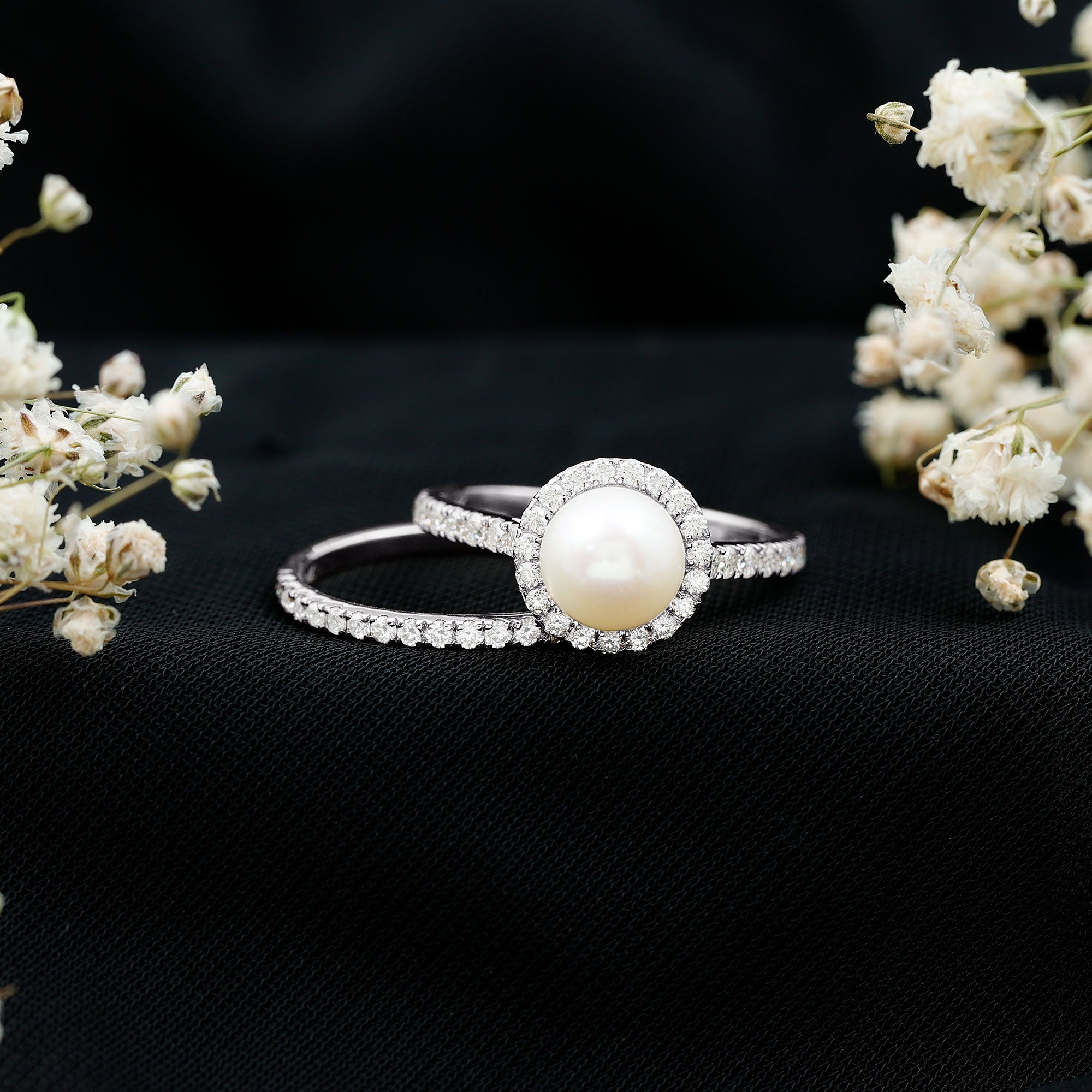 Round Freshwater Pearl and Moissanite Halo Wedding Ring Set AAA - Rosec Jewels