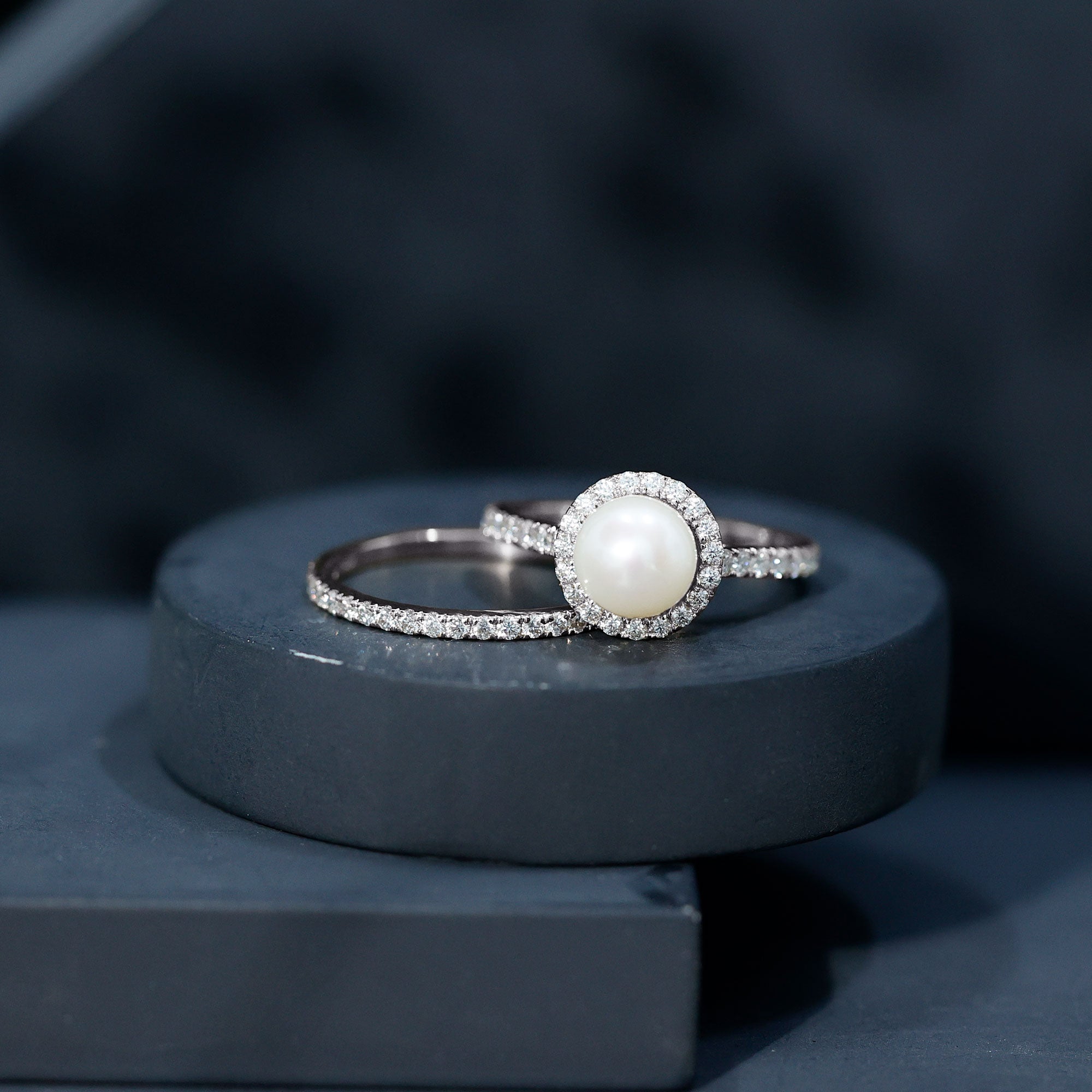 Round Freshwater Pearl and Moissanite Halo Wedding Ring Set AAA - Rosec Jewels