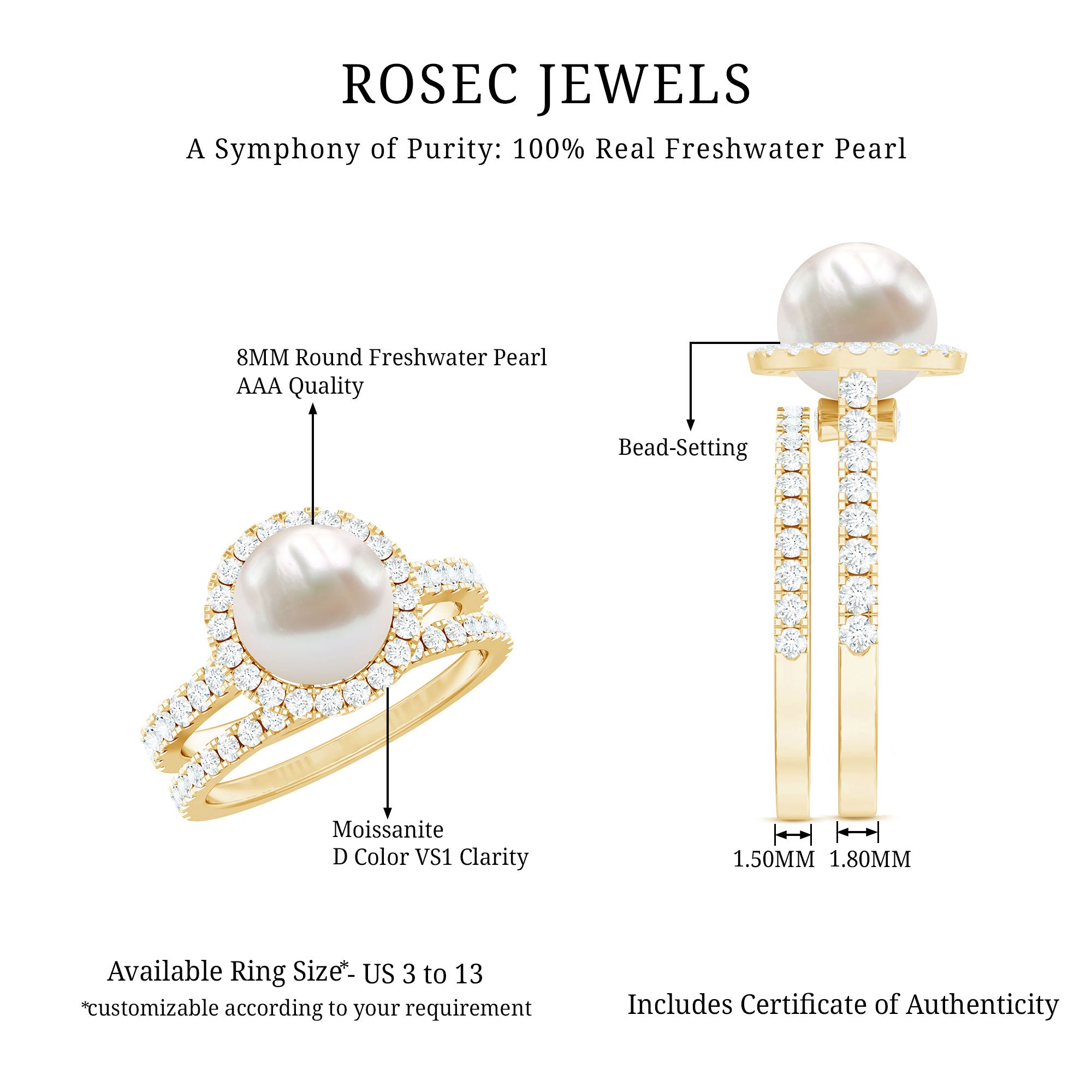 Round Freshwater Pearl and Moissanite Halo Wedding Ring Set AAA - Rosec Jewels