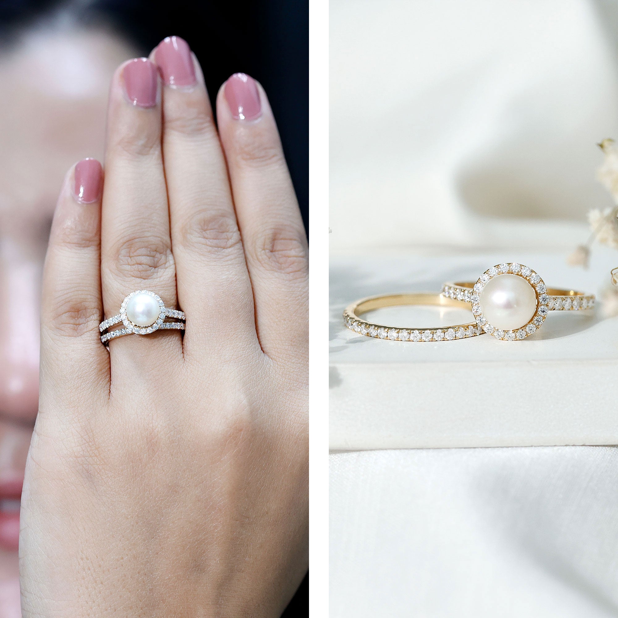 Round Freshwater Pearl and Moissanite Halo Wedding Ring Set AAA - Rosec Jewels