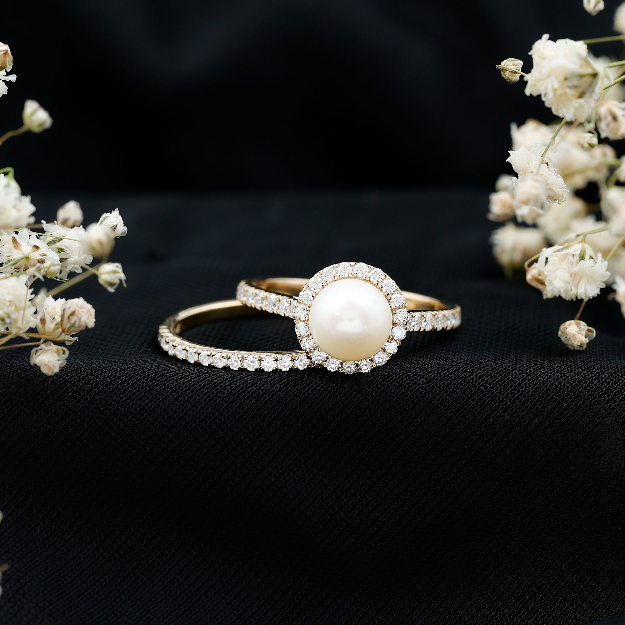 Round Freshwater Pearl and Moissanite Halo Wedding Ring Set AAA - Rosec Jewels