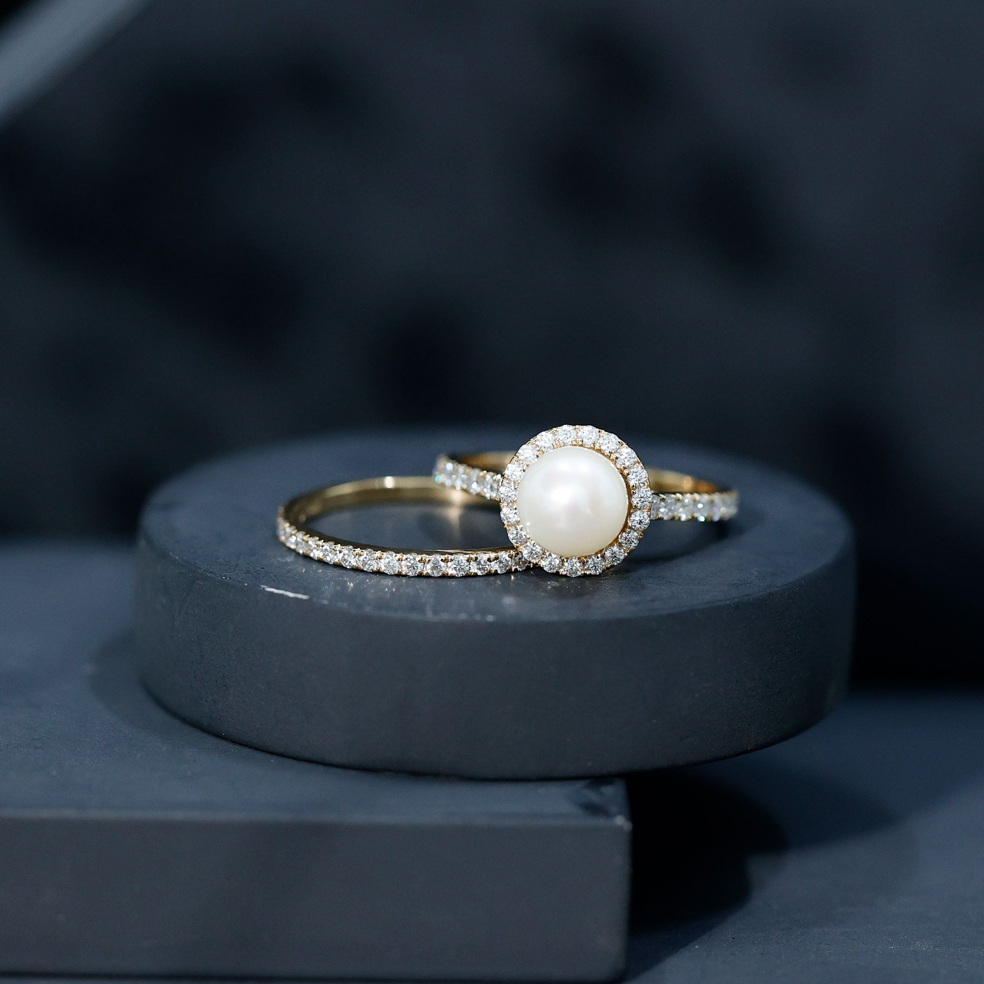 Round Freshwater Pearl and Moissanite Halo Wedding Ring Set AAA - Rosec Jewels