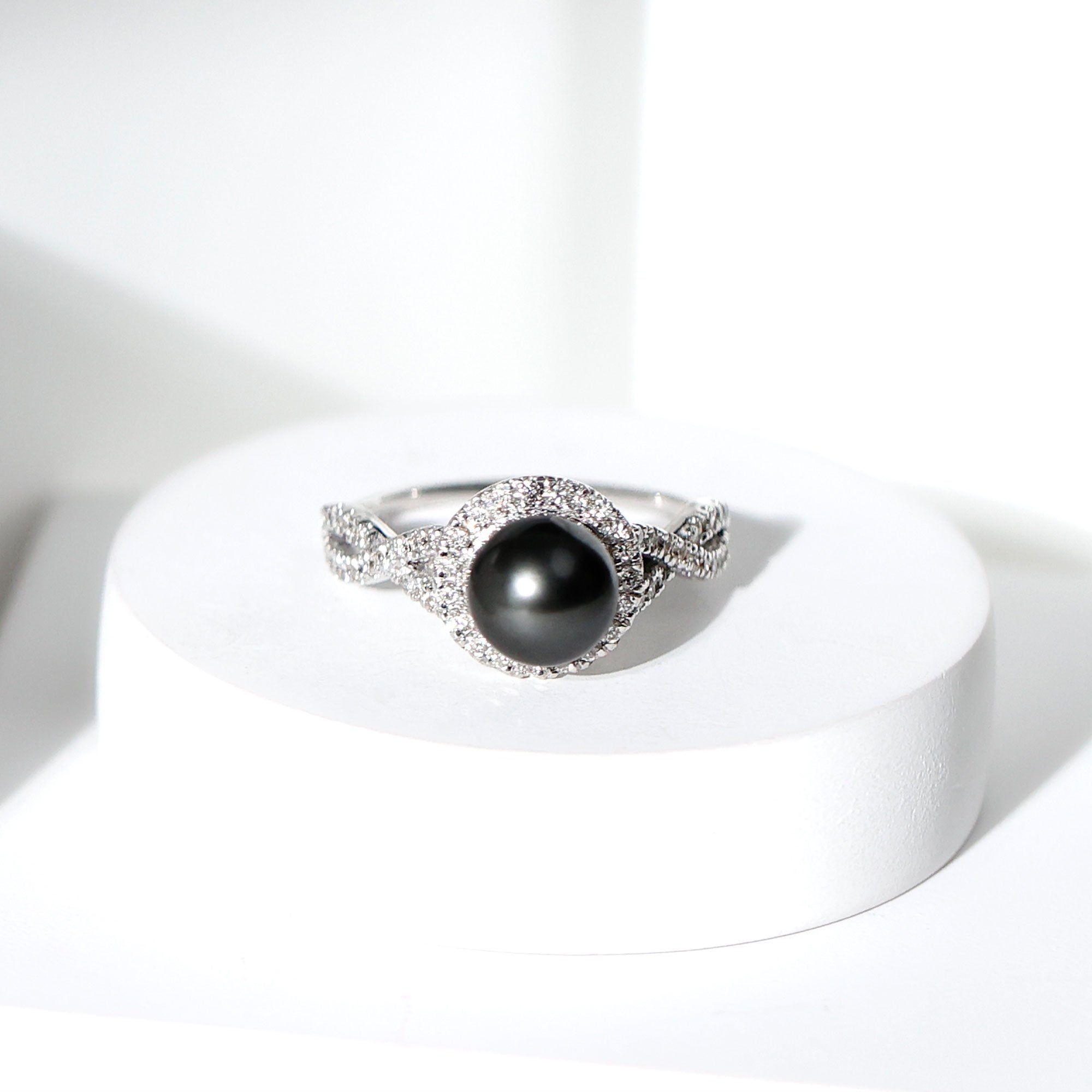 Rosec Jewels-Real Tahitian Pearl and Diamond Crossover Engagement Ring