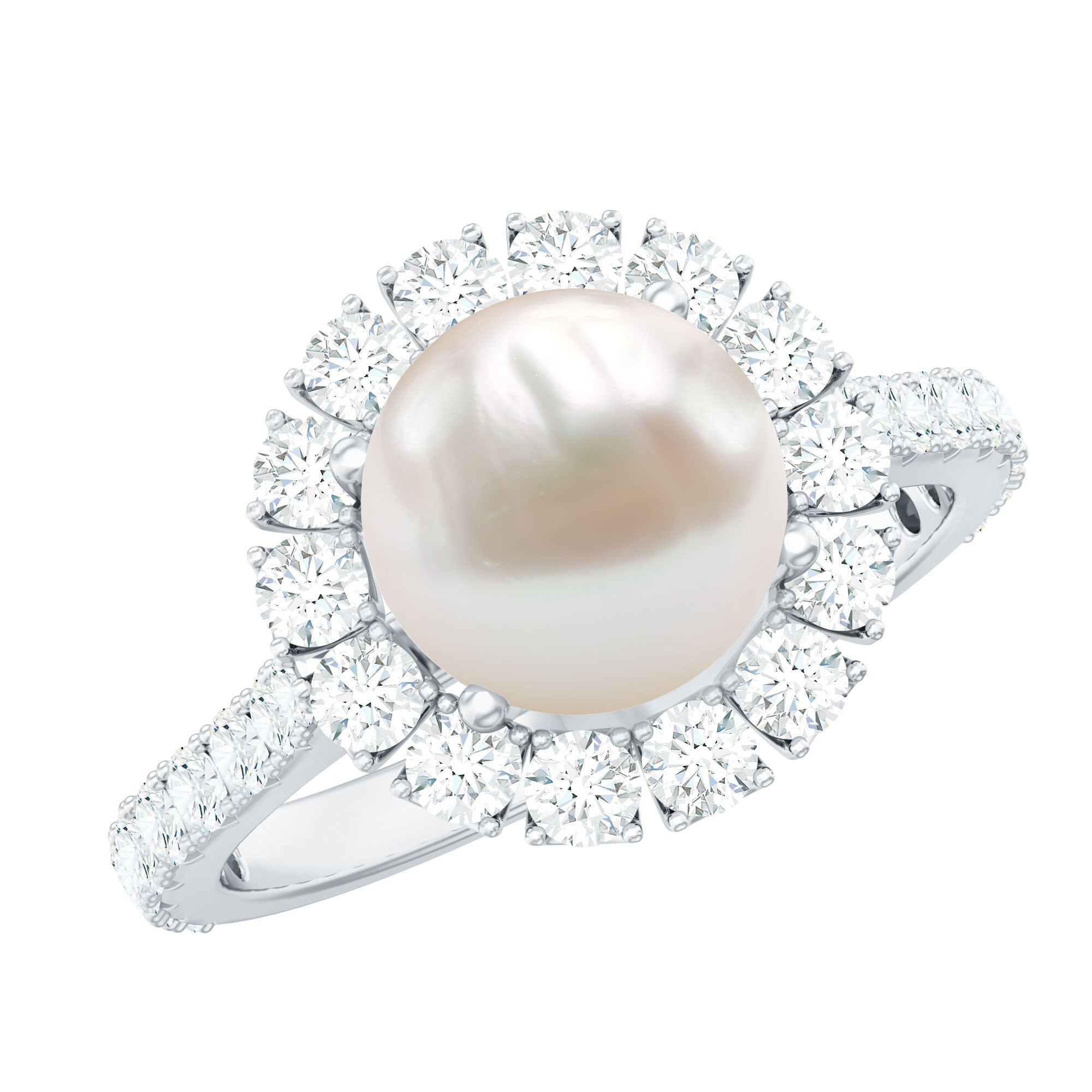 Freshwater Pearl and Moissanite Halo Engagement Ring