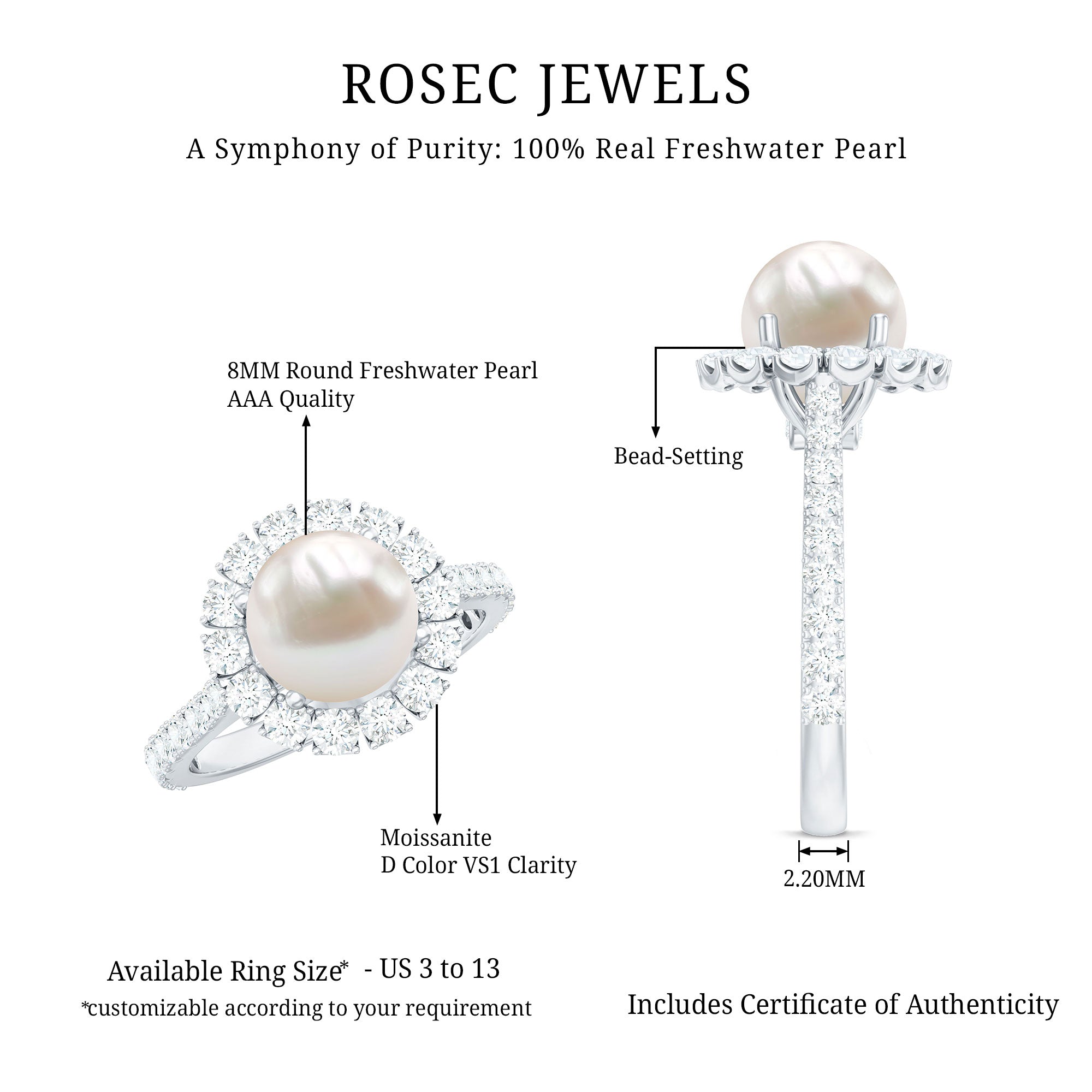 Genuine 7.4 Carat Freshwater Pearl Engagement Ring with Moissanite Halo AAA - Rosec Jewels