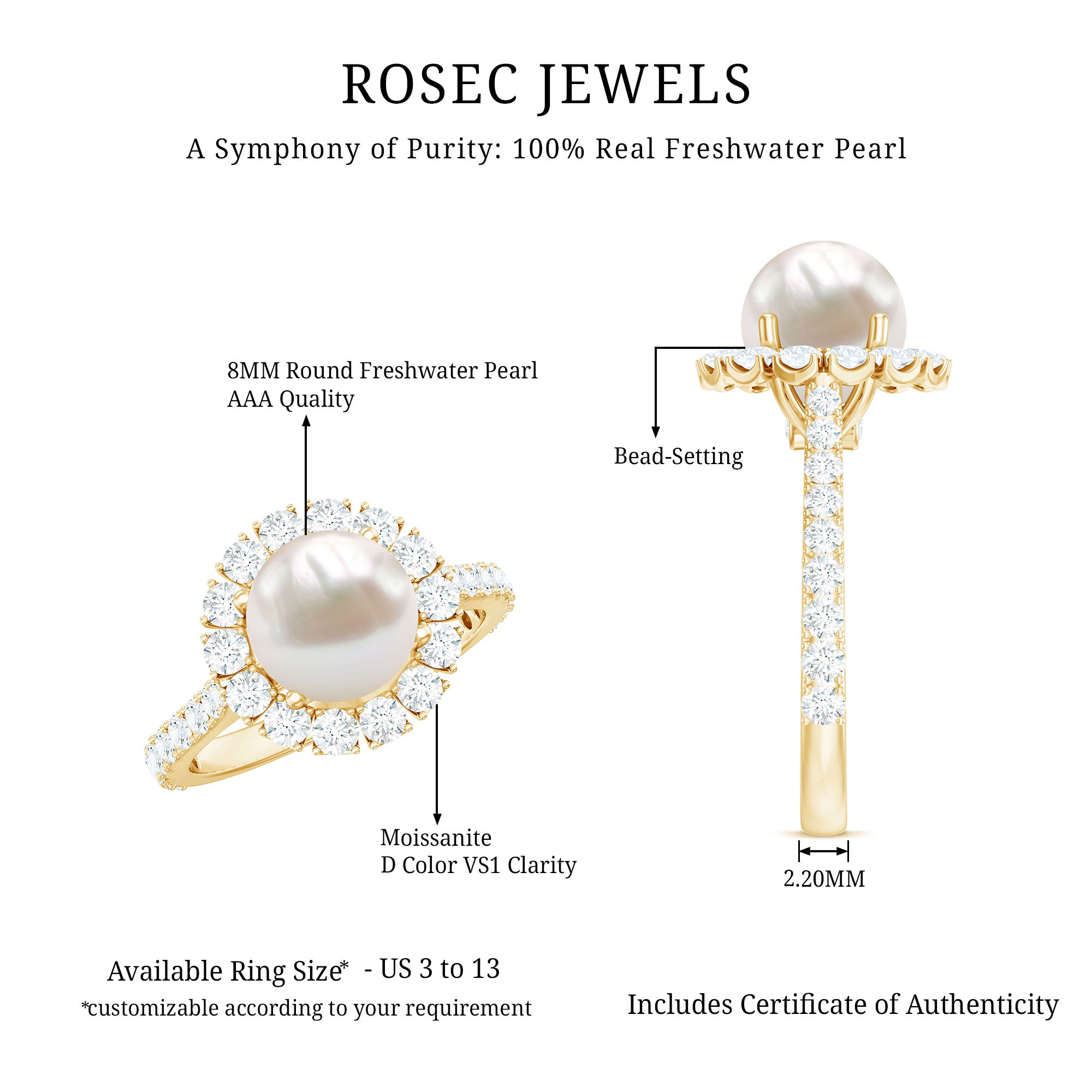 Genuine 7.4 Carat Freshwater Pearl Engagement Ring with Moissanite Halo AAA - Rosec Jewels