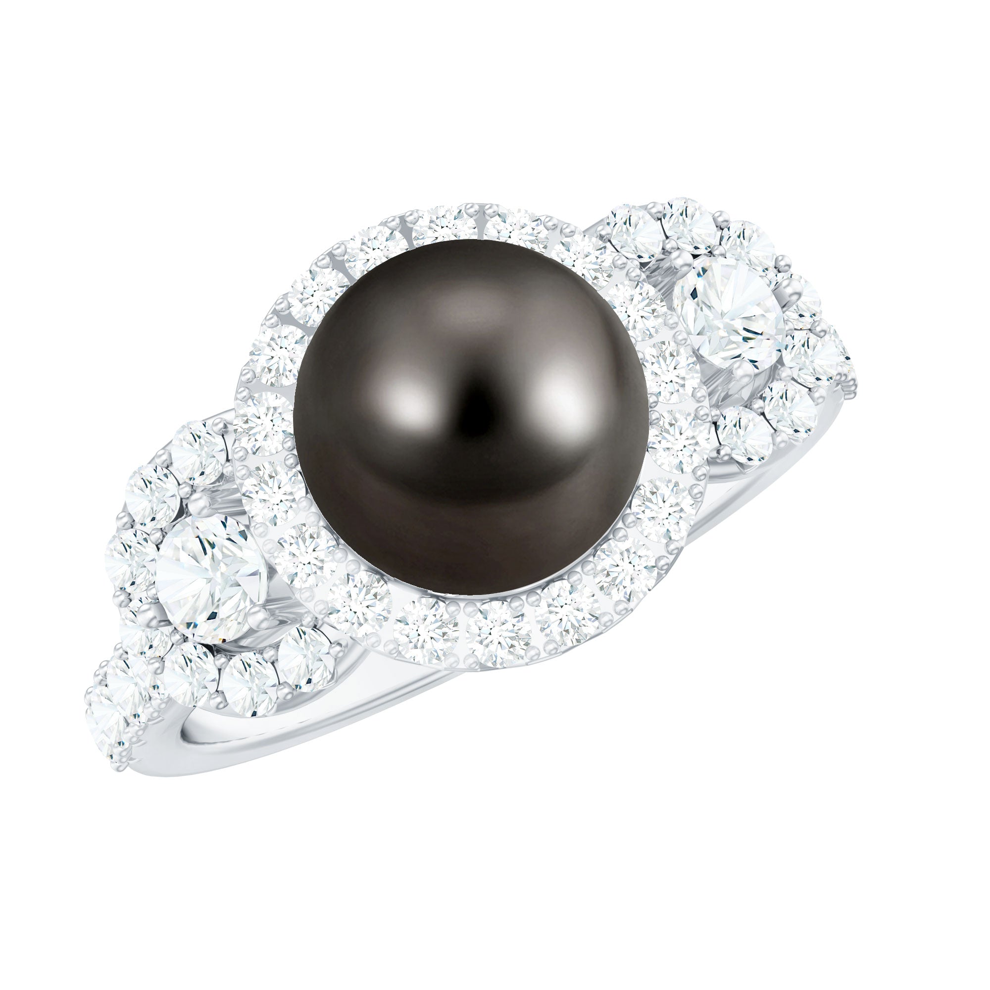 8 MM Round Black Pearl Engagement Ring with Moissanite Accent