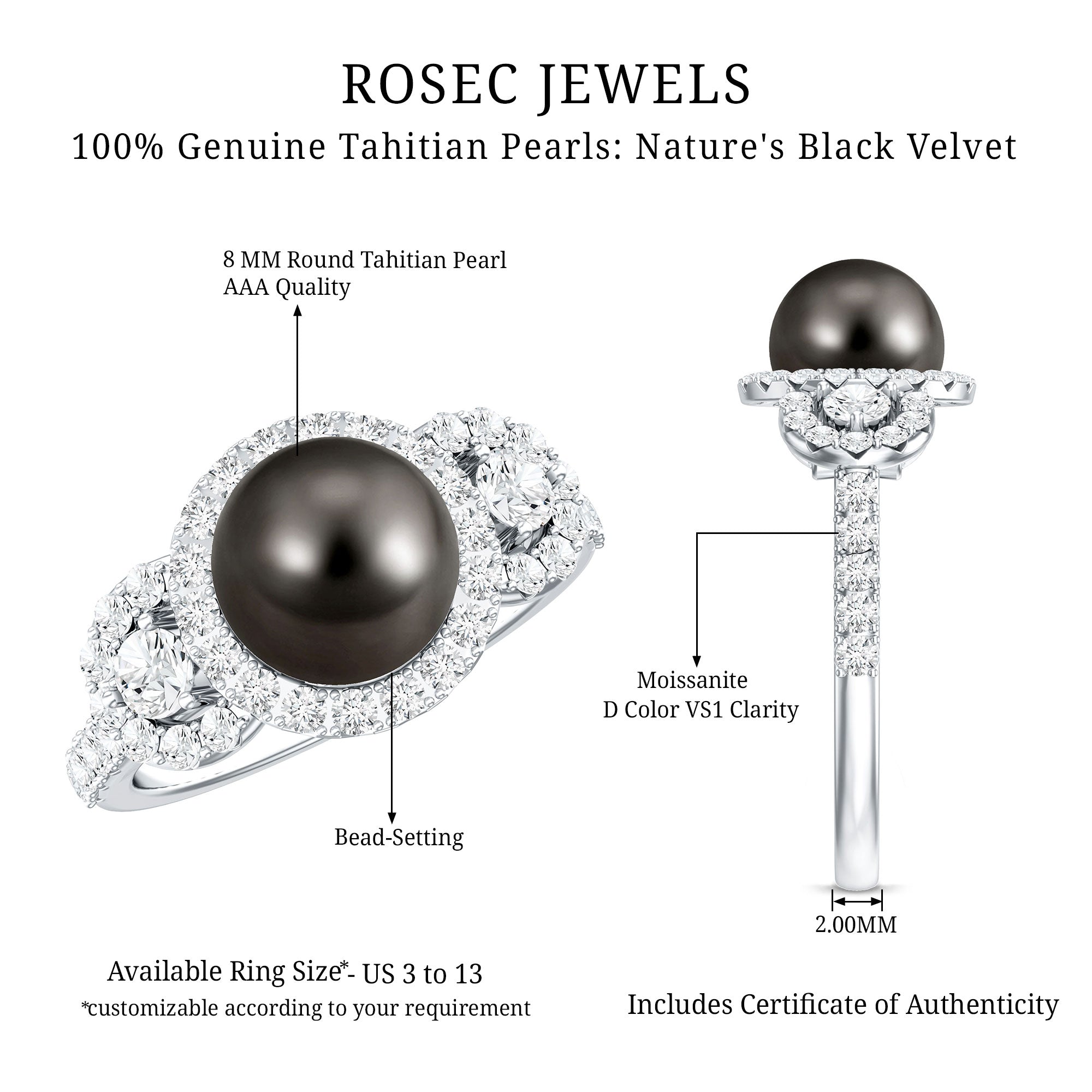 Rosec Jewels-7.5 Carat Round Black Pearl Engagement Ring with Moissanite Accent