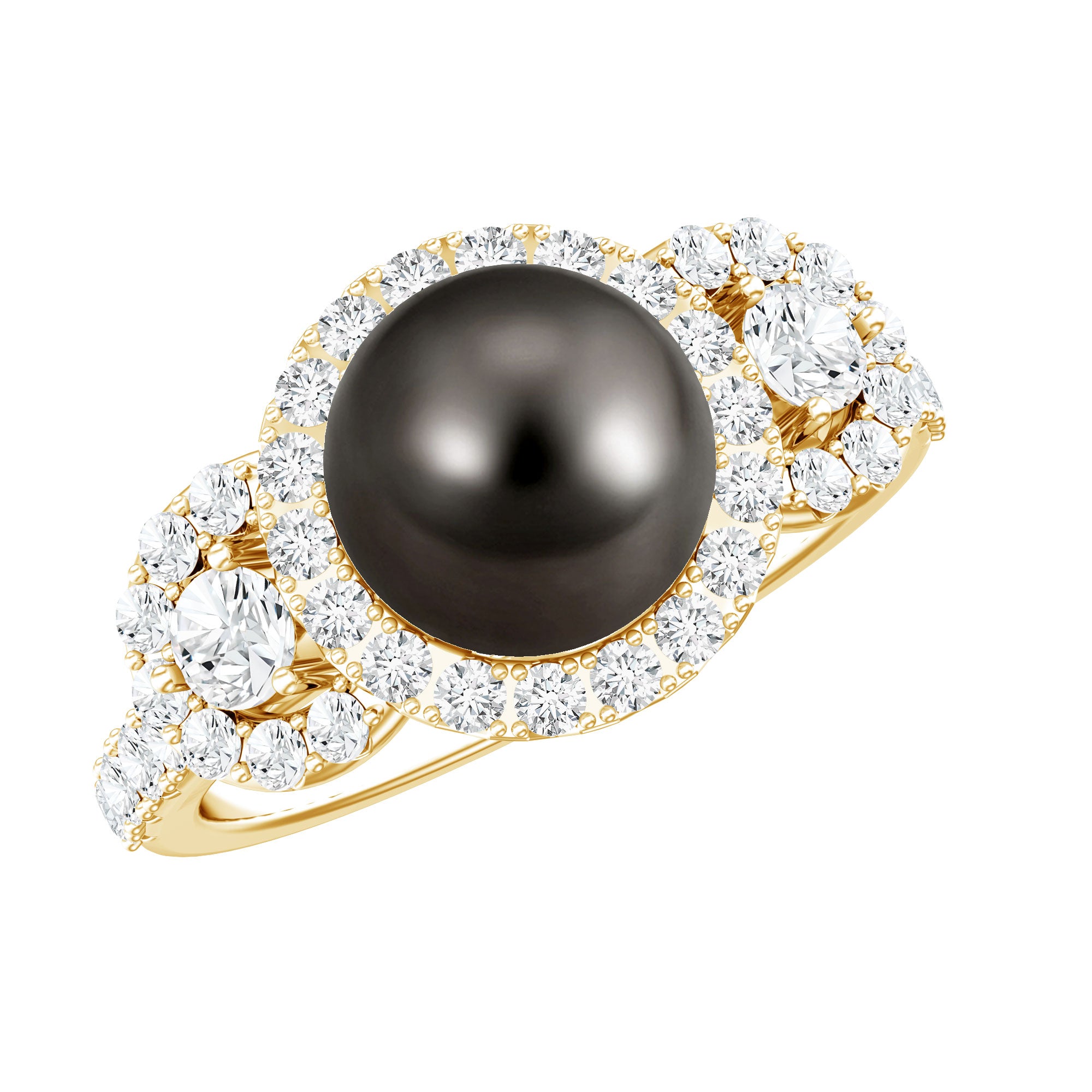 8 MM Round Black Pearl Engagement Ring with Moissanite Accent AAA - Rosec Jewels
