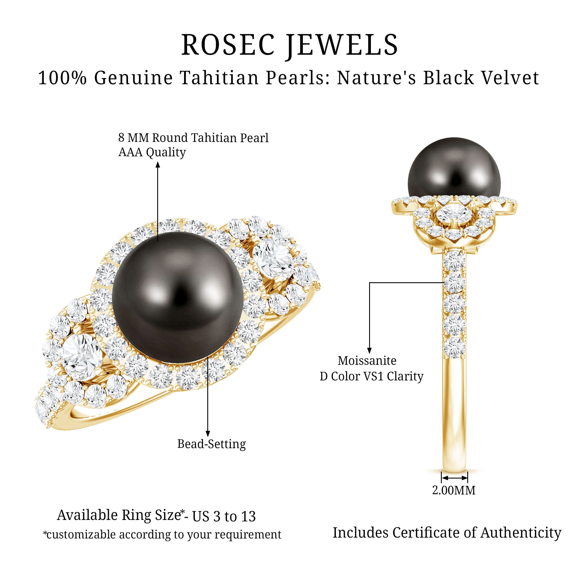 Rosec Jewels-7.5 Carat Round Black Pearl Engagement Ring with Moissanite Accent