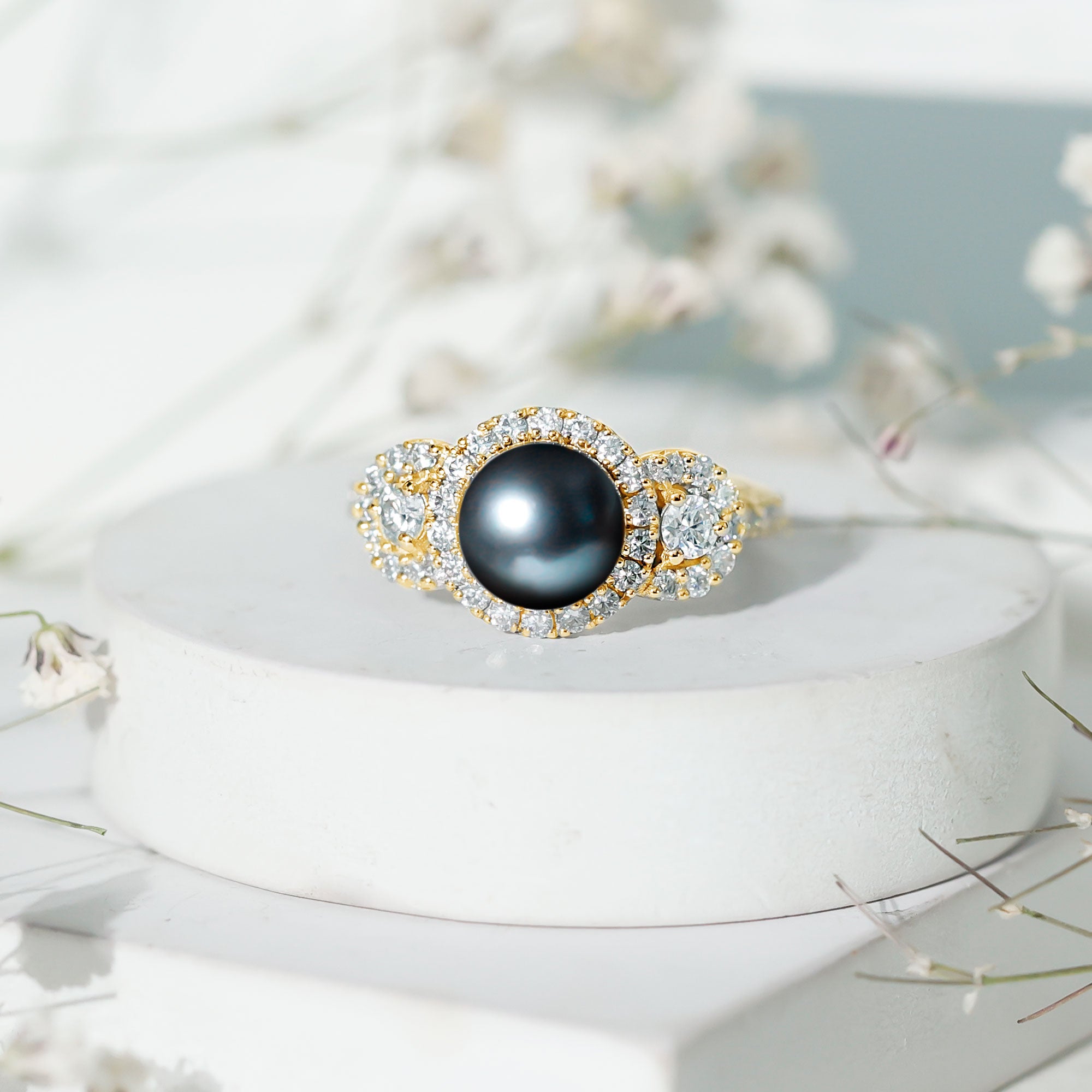 Rosec Jewels-7.5 Carat Round Black Pearl Engagement Ring with Moissanite Accent