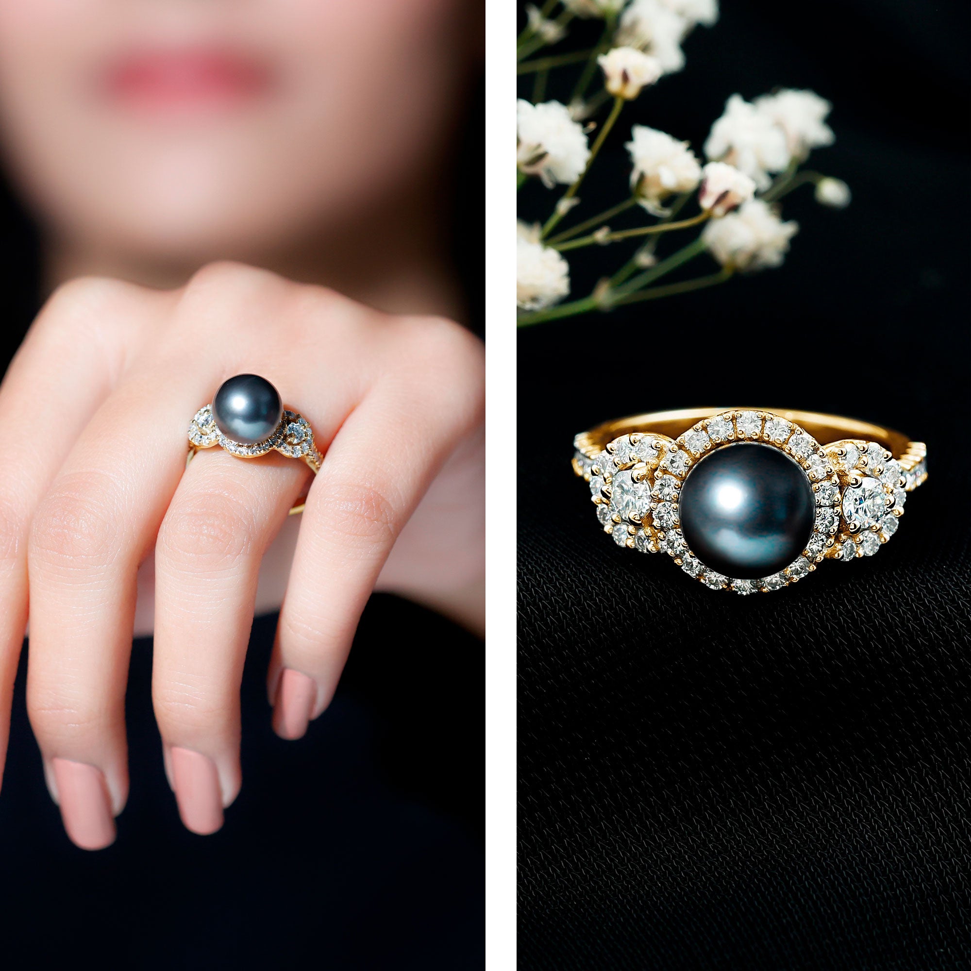 Rosec Jewels-7.5 Carat Round Black Pearl Engagement Ring with Moissanite Accent