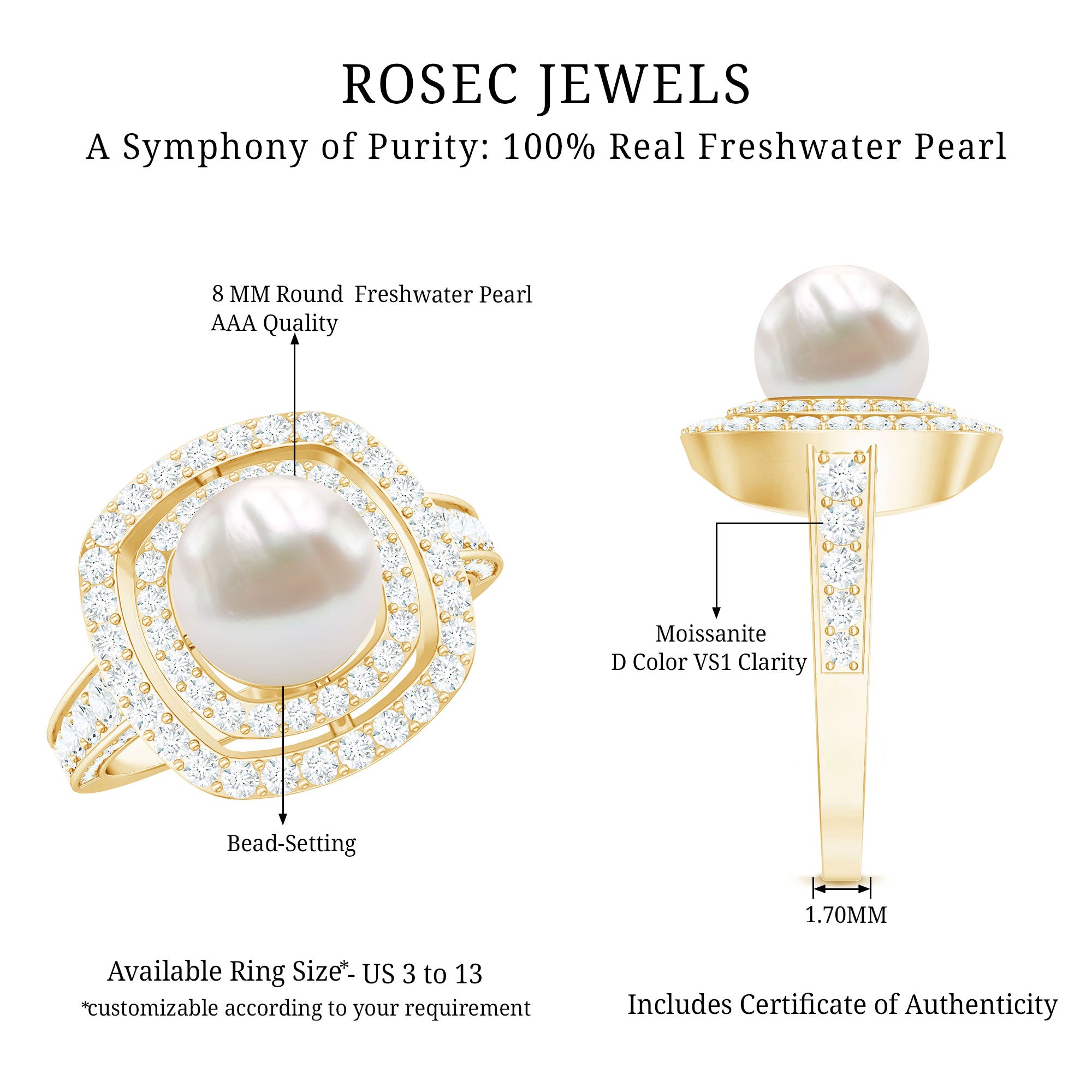 Rosec Jewels-7.4 Carat Freshwater Pearl Double Halo Engagement Ring with Moissanite