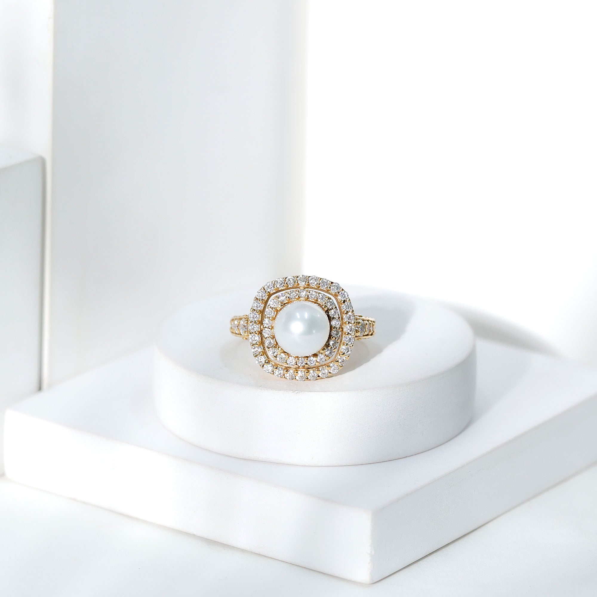 Rosec Jewels-7.4 Carat Freshwater Pearl Double Halo Engagement Ring with Moissanite