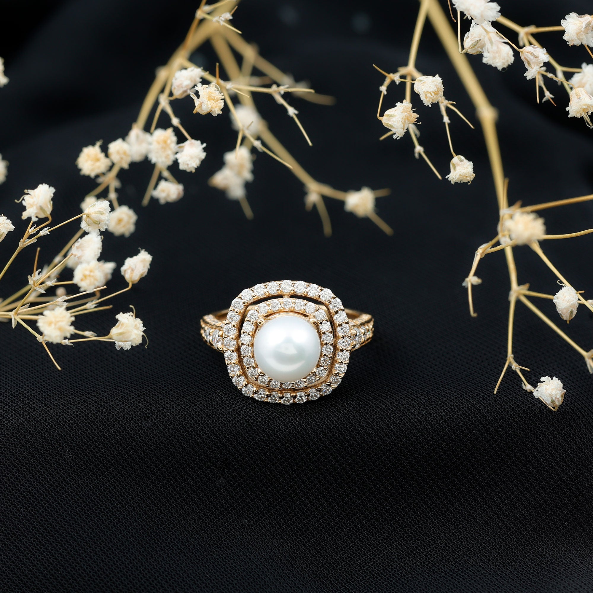 Rosec Jewels-7.4 Carat Freshwater Pearl Double Halo Engagement Ring with Moissanite