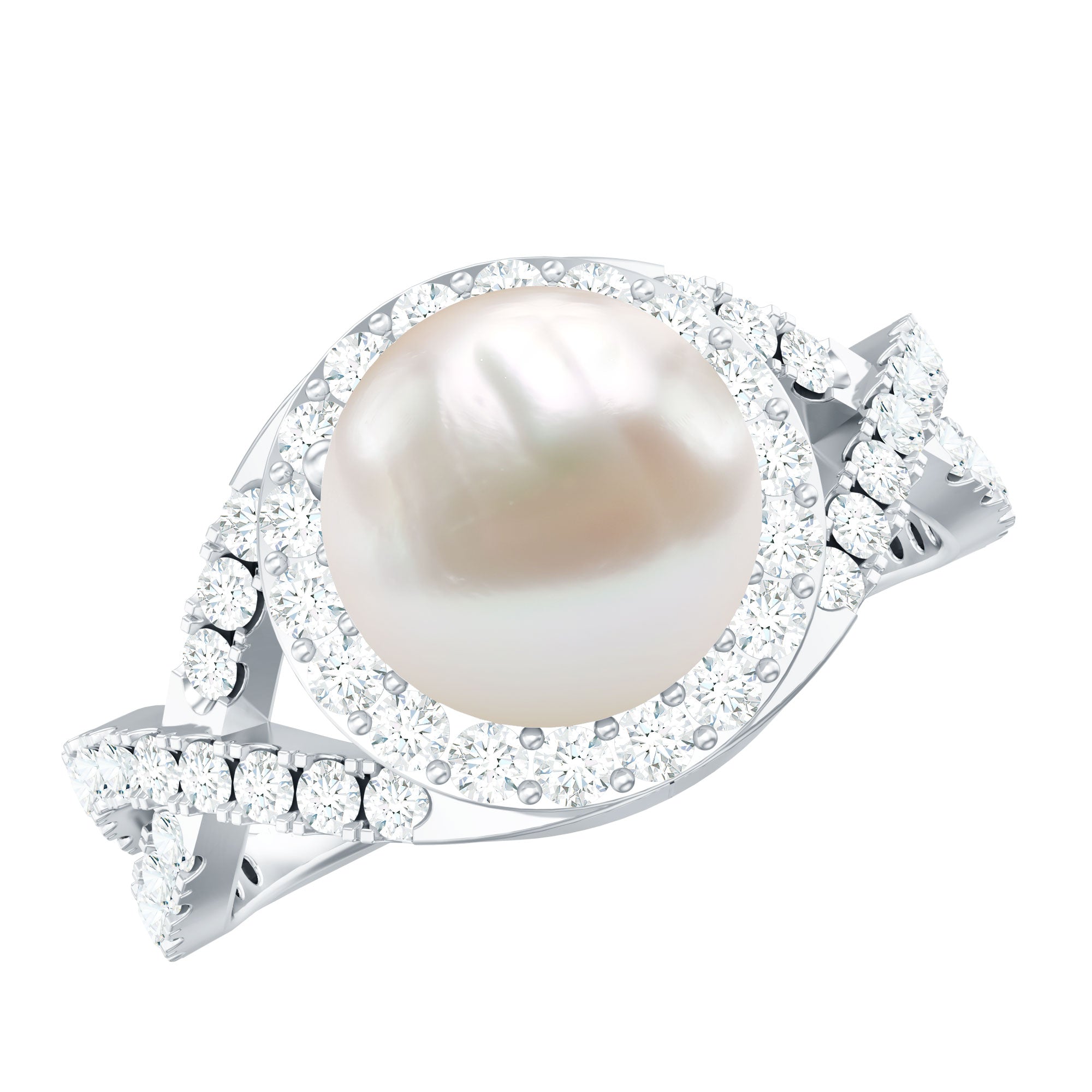9.25 CT Freshwater Pearl and Moissanite Crossover Engagement Ring