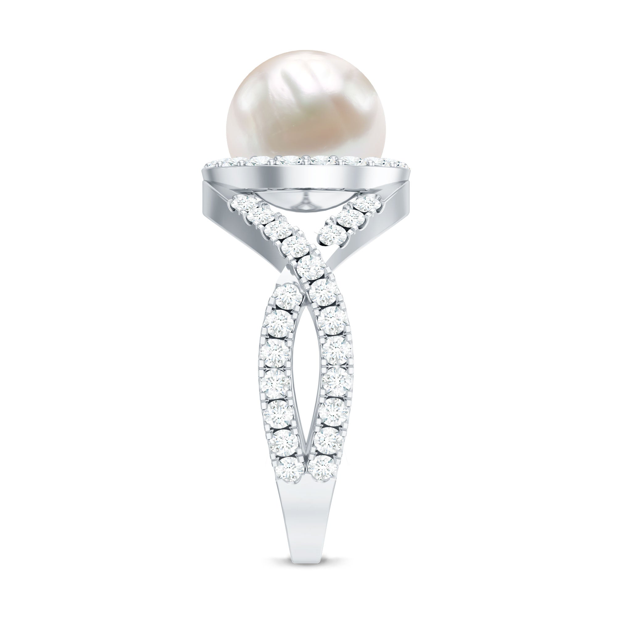 7.4 Carat Freshwater Pearl Engagement Ring with Moissanite Crossover Shank AAA - Rosec Jewels