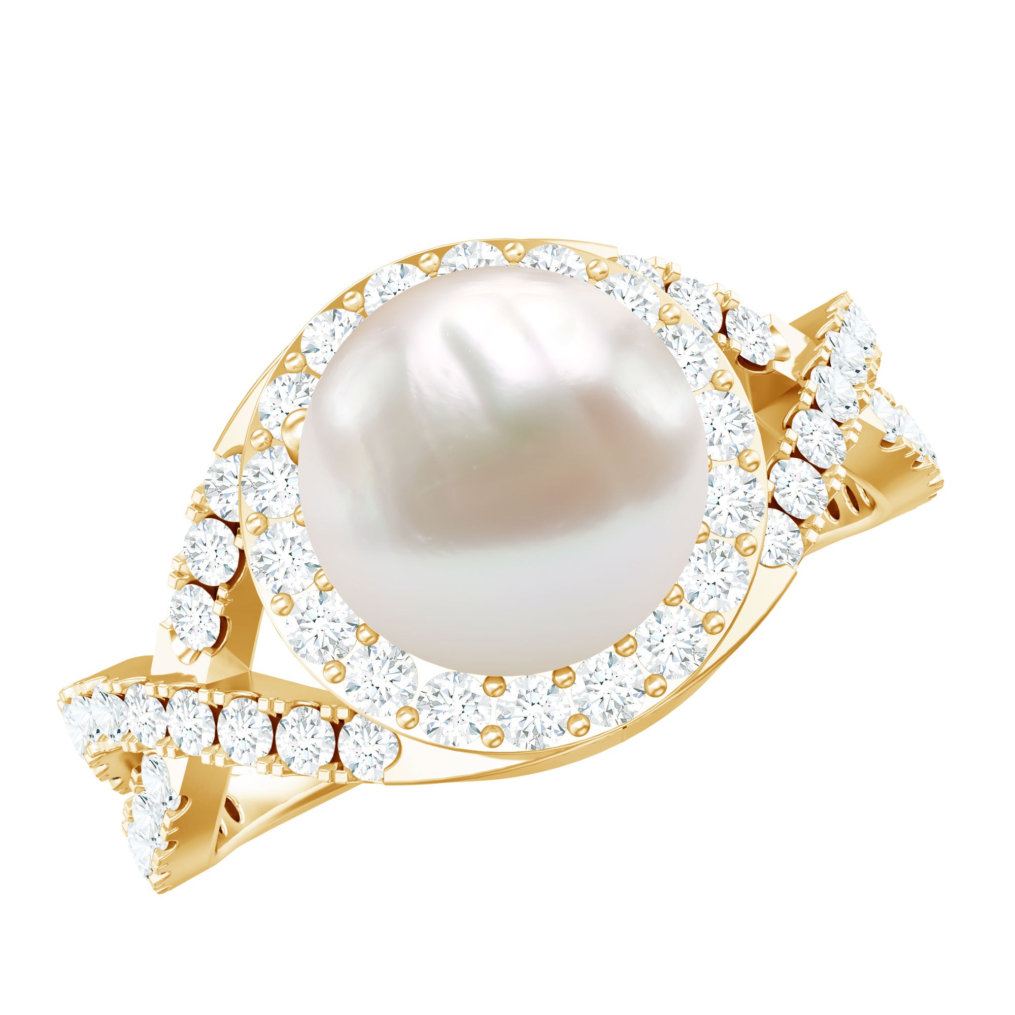 7.4 Carat Freshwater Pearl Engagement Ring with Moissanite Crossover Shank AAA - Rosec Jewels