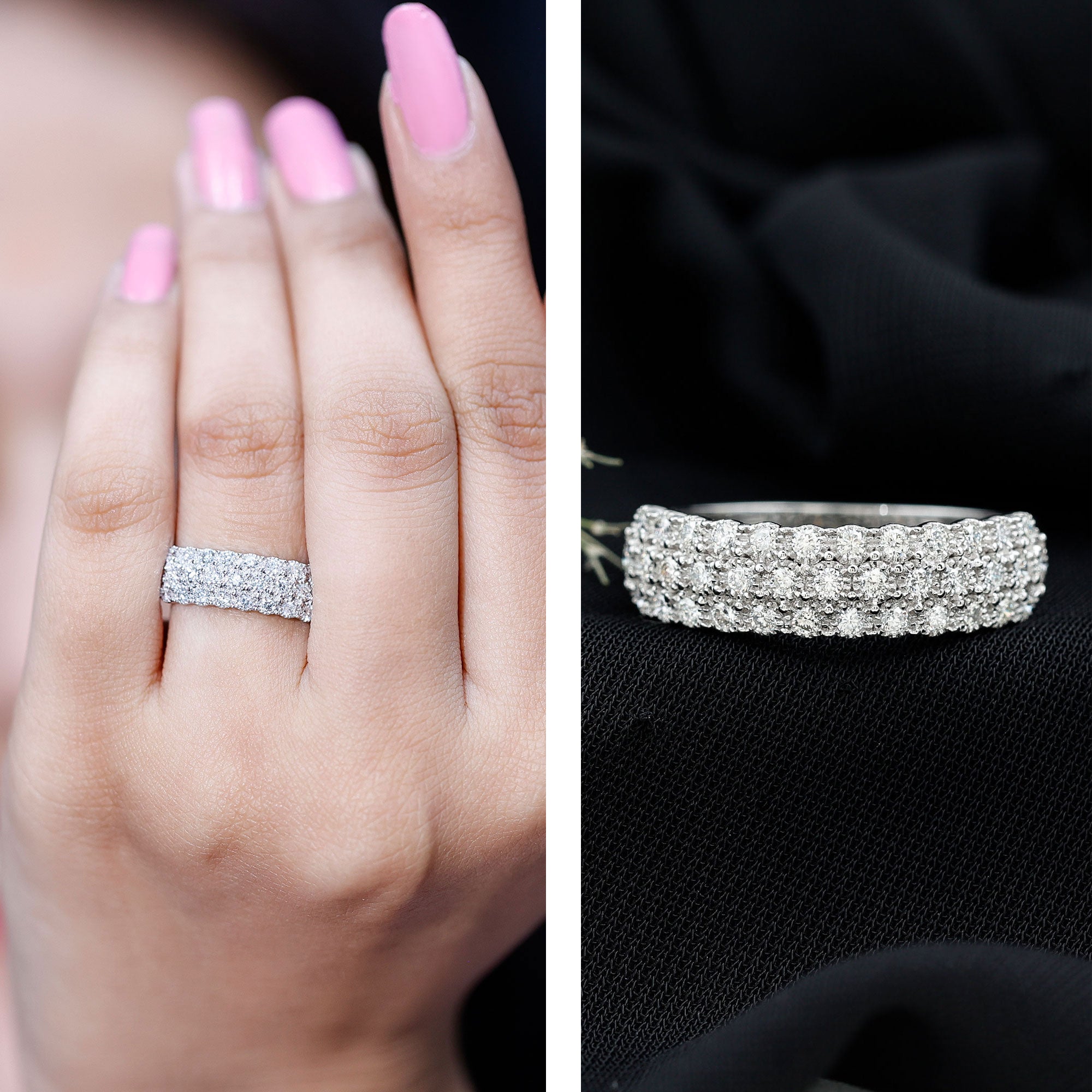 Diamond 3 Row Wide Wedding Band Ring Natural - ( HI-SI ) - Rosec Jewels