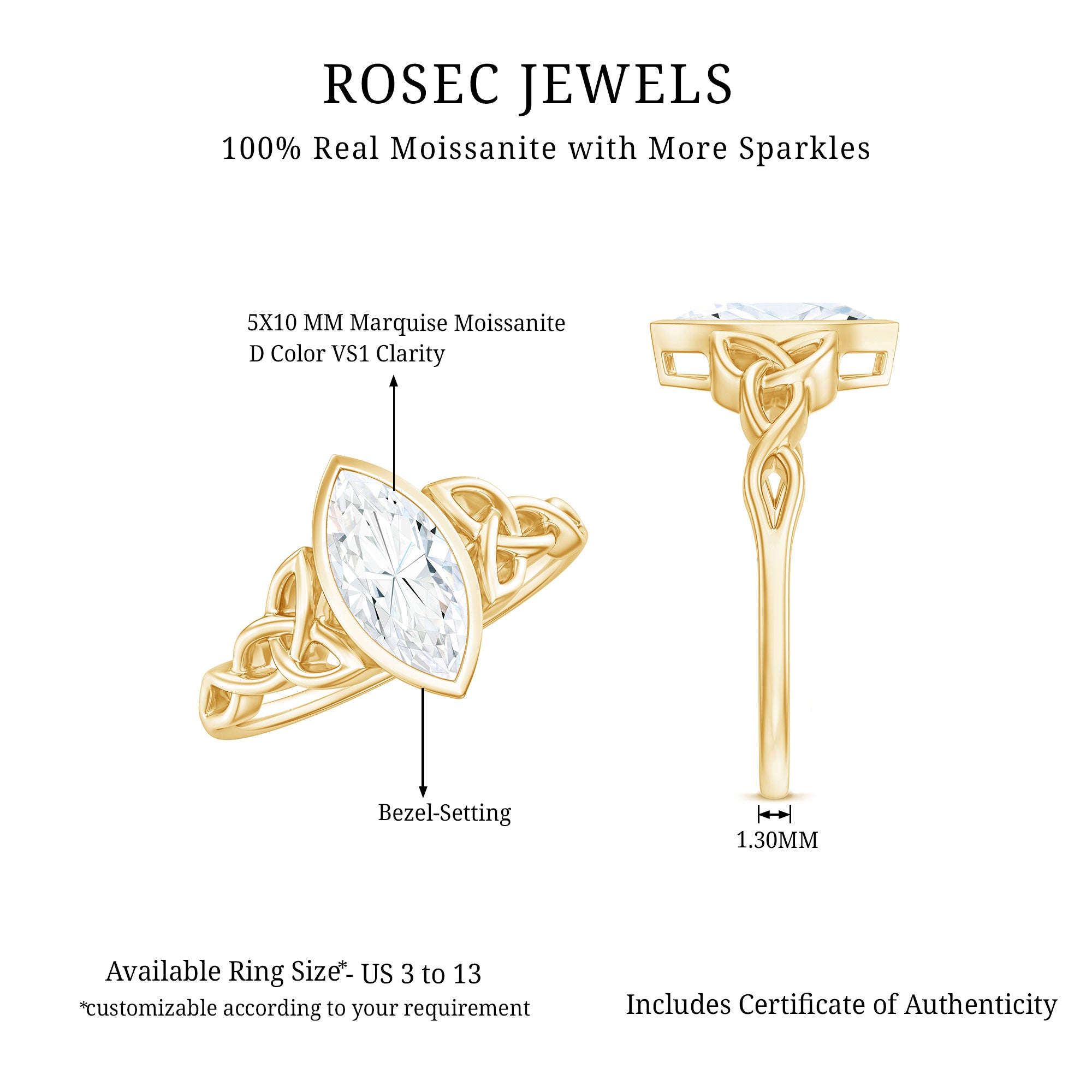 Rosec Jewels-Moissanite 5x10mm Marquise Cut Engagement Ring in Bezel Setting