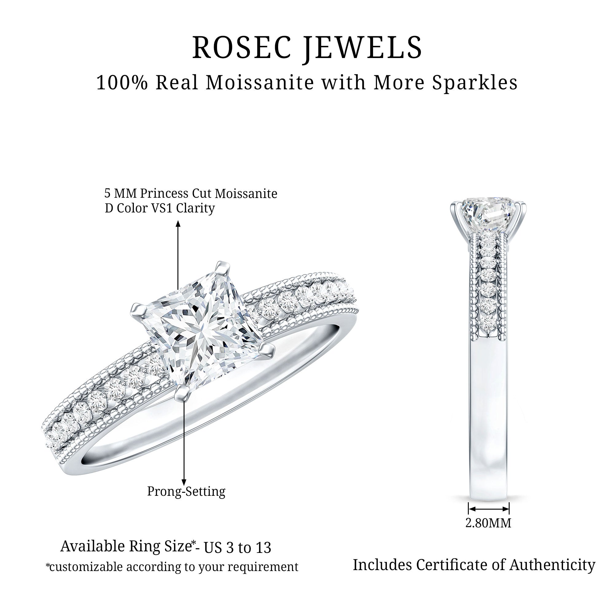 Moissanite Solitaire Engagement Ring with Princess Cut D-VS1 - Rosec Jewels