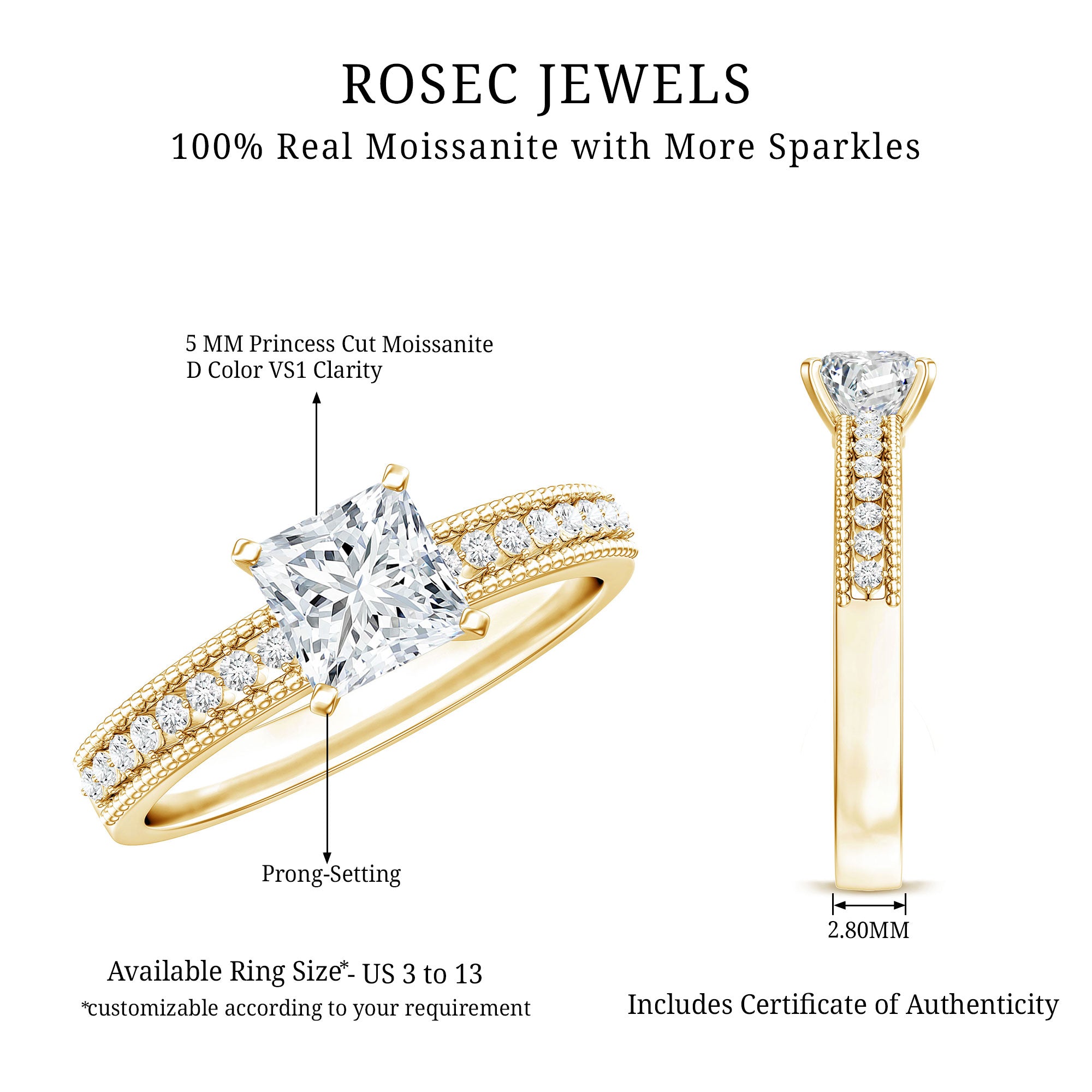 Moissanite Solitaire Engagement Ring with Princess Cut D-VS1 - Rosec Jewels