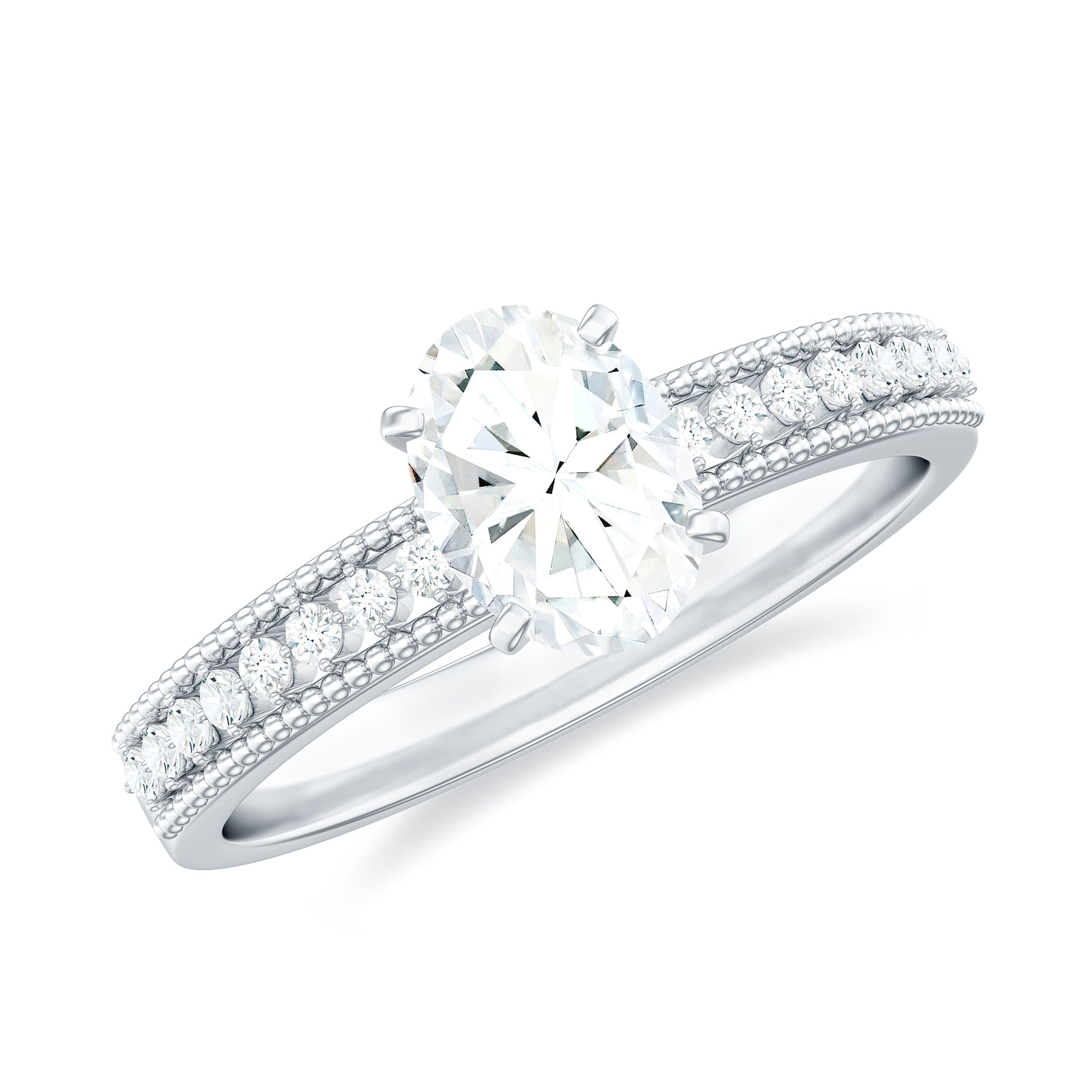 5X7 mm Oval Cut Moissanite Solitaire Beaded Engagement Ring D-VS1 - Rosec Jewels