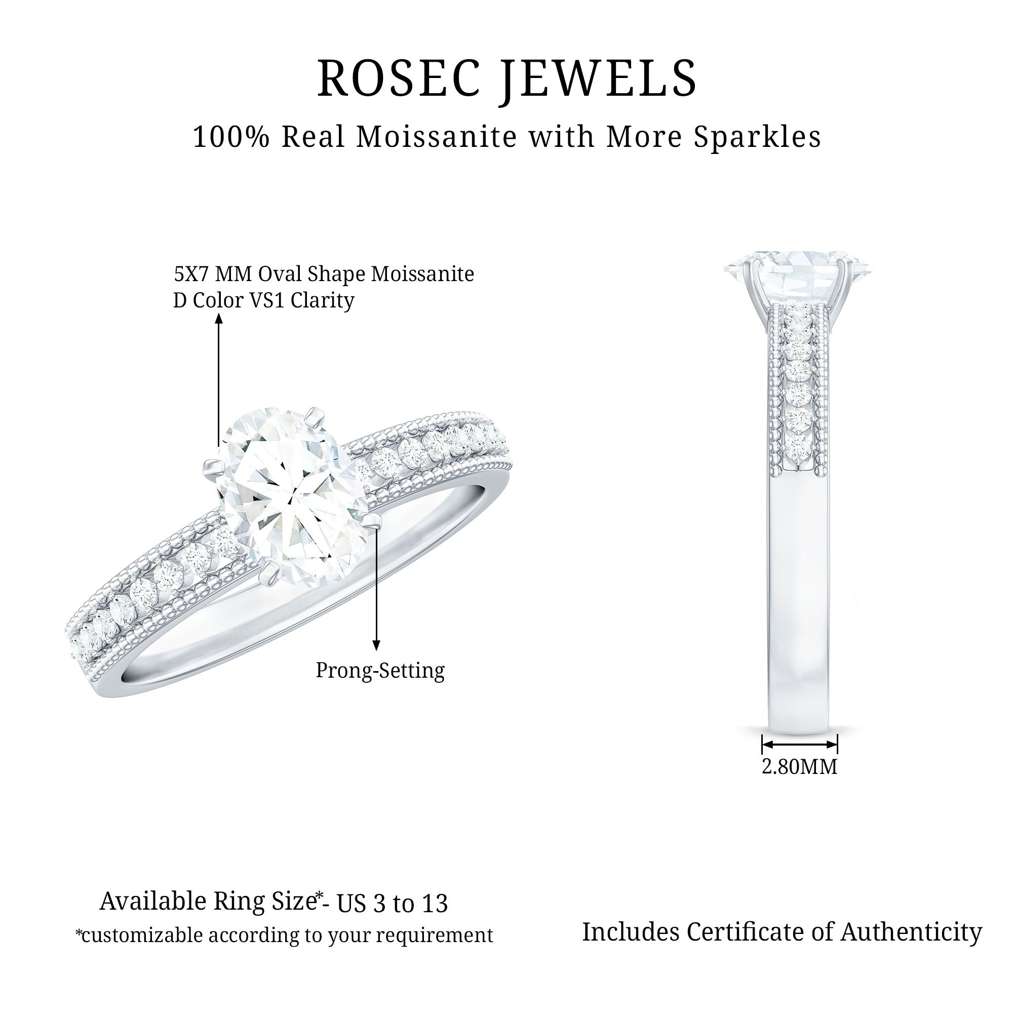 5X7 mm Oval Cut Moissanite Solitaire Beaded Engagement Ring D-VS1 - Rosec Jewels