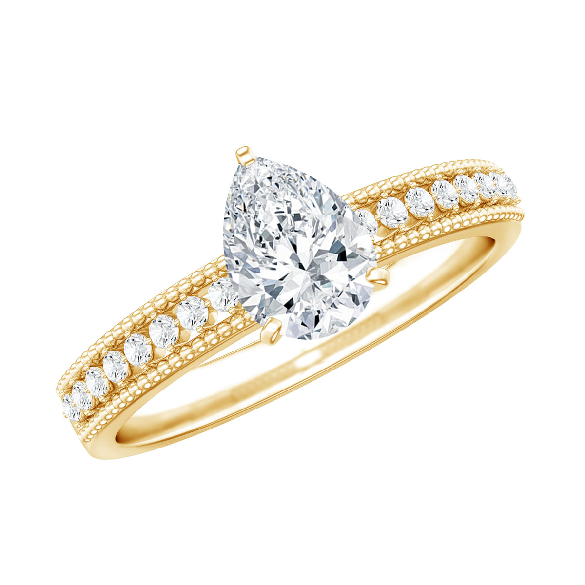 Pear Shaped Moissanite Solitaire Engagement Ring with Beaded Design D-VS1 - Rosec Jewels