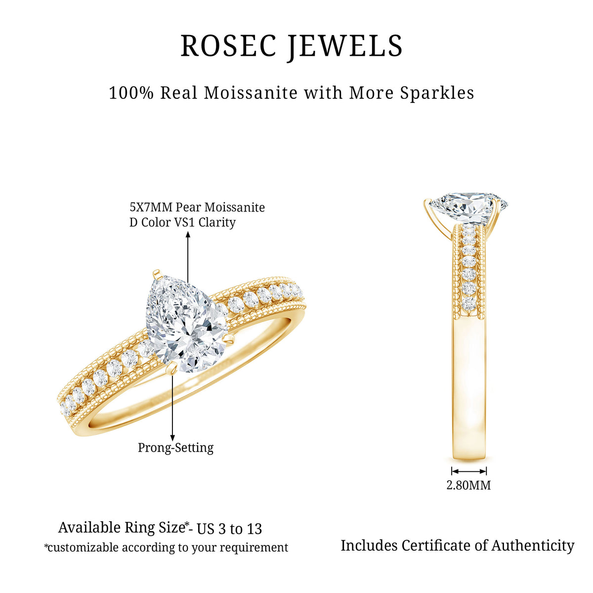 Pear Shaped Moissanite Solitaire Engagement Ring with Beaded Design D-VS1 - Rosec Jewels
