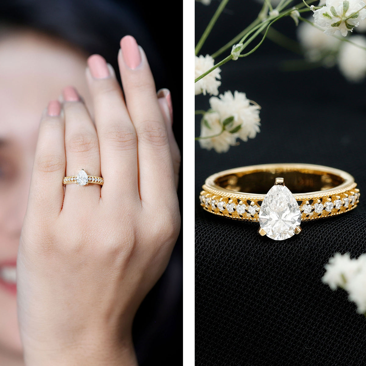 Pear Shaped Moissanite Solitaire Engagement Ring with Beaded Design D-VS1 - Rosec Jewels