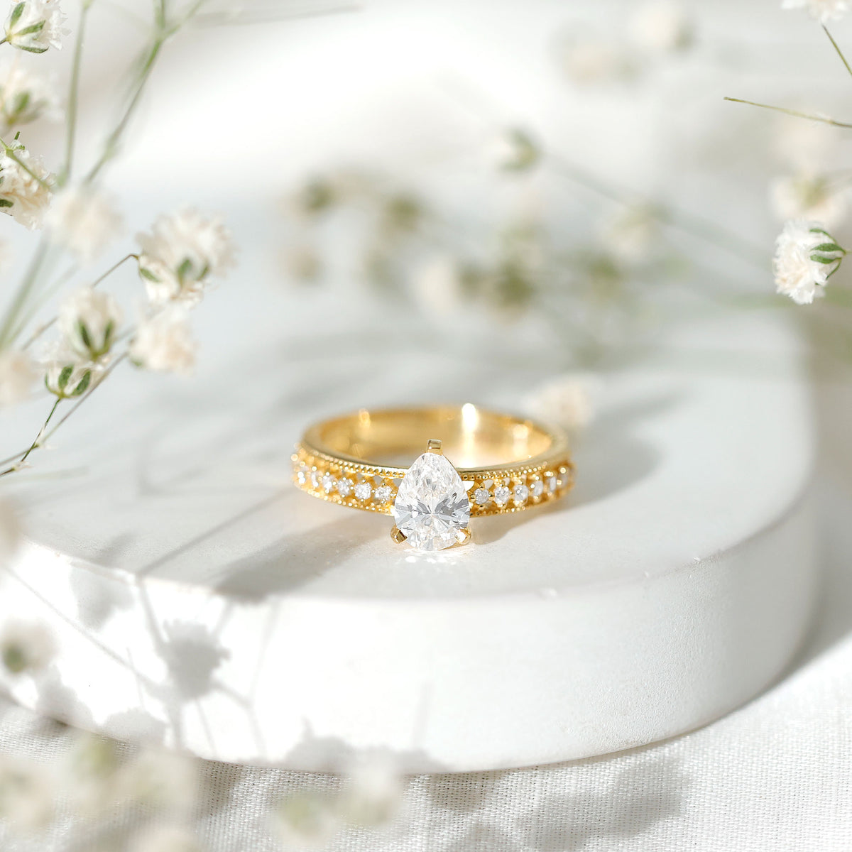 Pear Shaped Moissanite Solitaire Engagement Ring with Beaded Design D-VS1 - Rosec Jewels