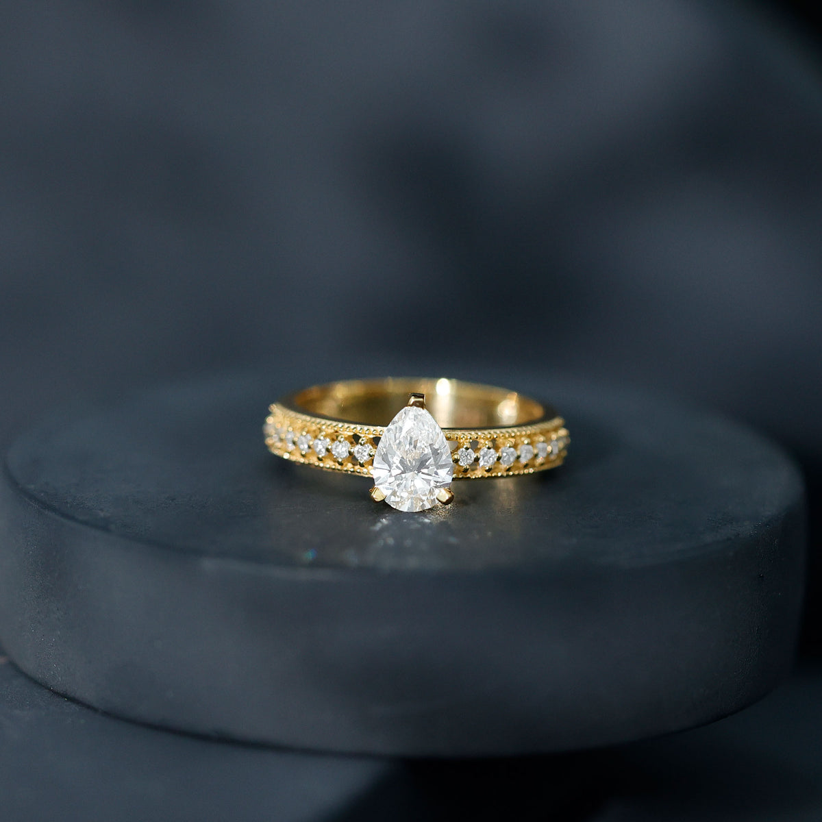 Pear Shaped Moissanite Solitaire Engagement Ring with Beaded Design D-VS1 - Rosec Jewels