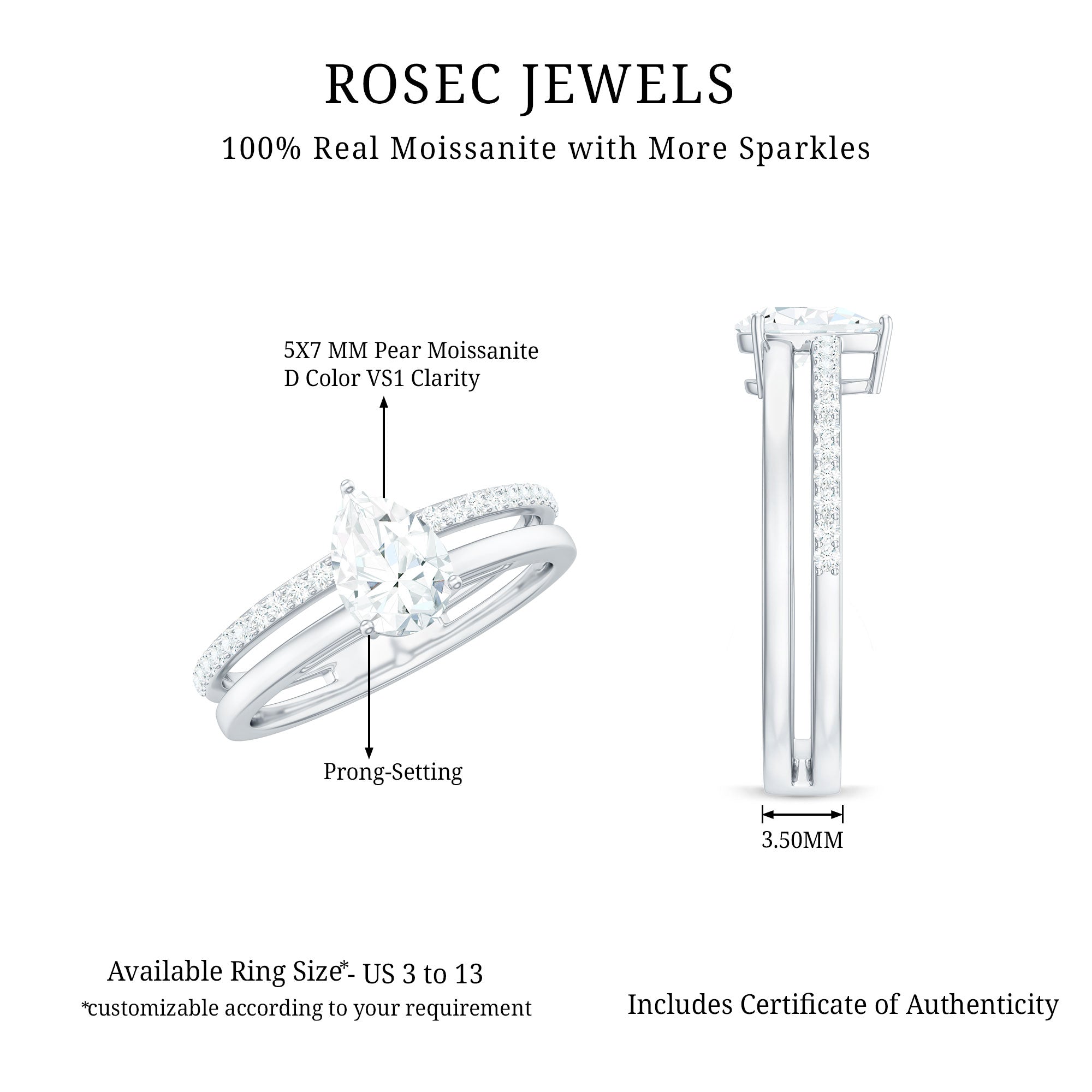 Pear Cut Solitaire Moissanite Double Band Engagement Ring D-VS1 - Rosec Jewels