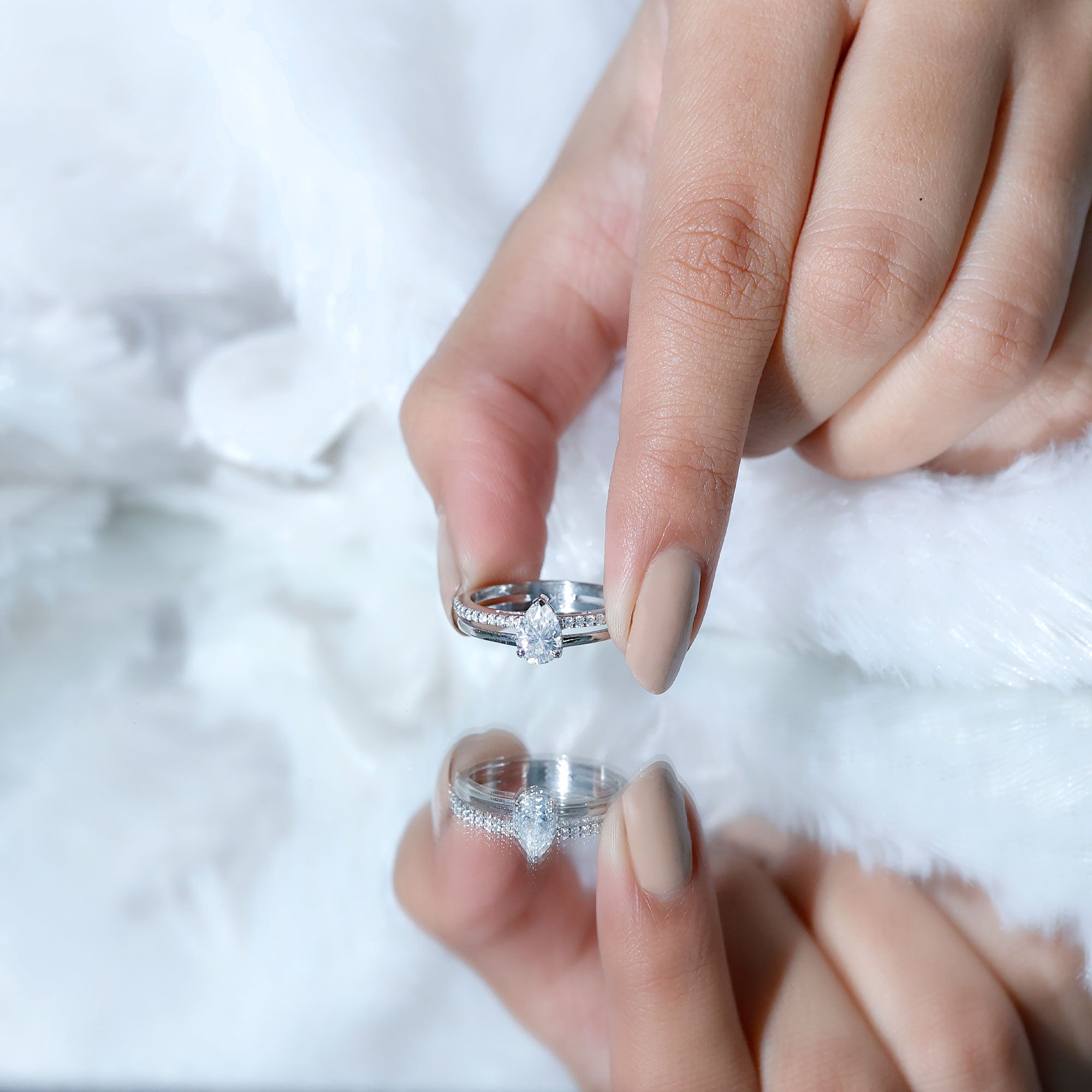 Pear Cut Solitaire Moissanite Double Band Engagement Ring D-VS1 - Rosec Jewels