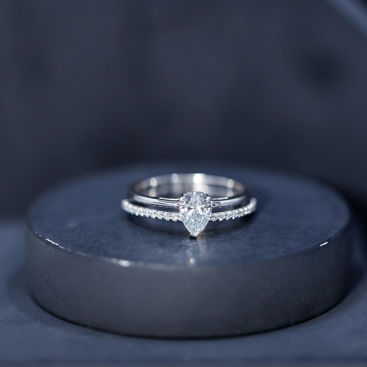 Pear Cut Solitaire Moissanite Double Band Engagement Ring D-VS1 - Rosec Jewels