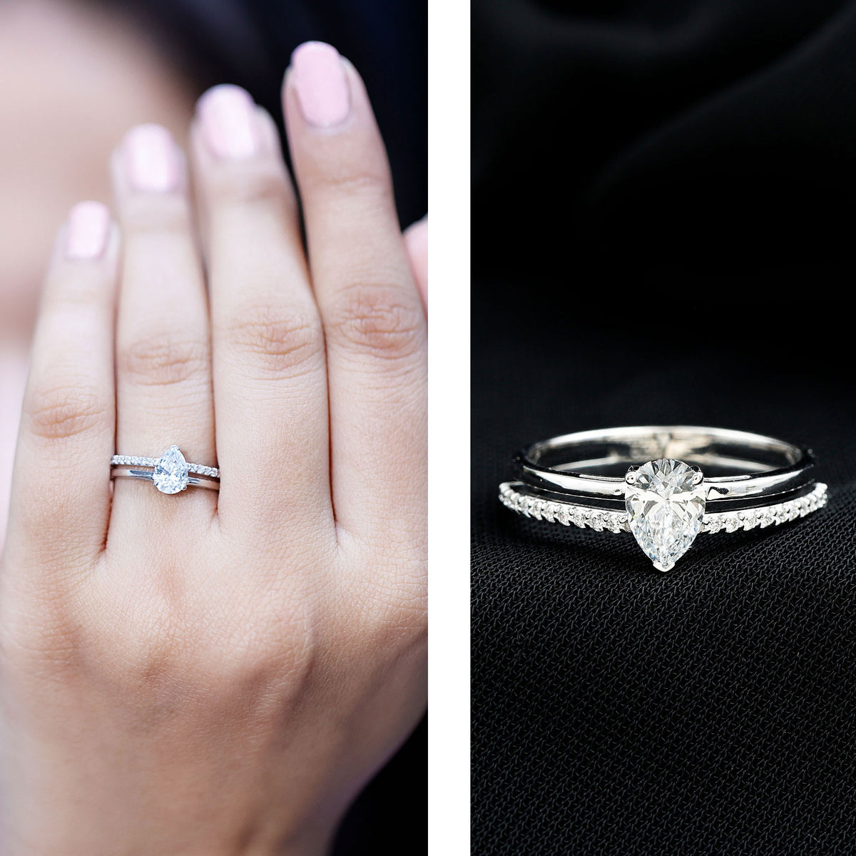 Pear Cut Solitaire Moissanite Double Band Engagement Ring D-VS1 - Rosec Jewels
