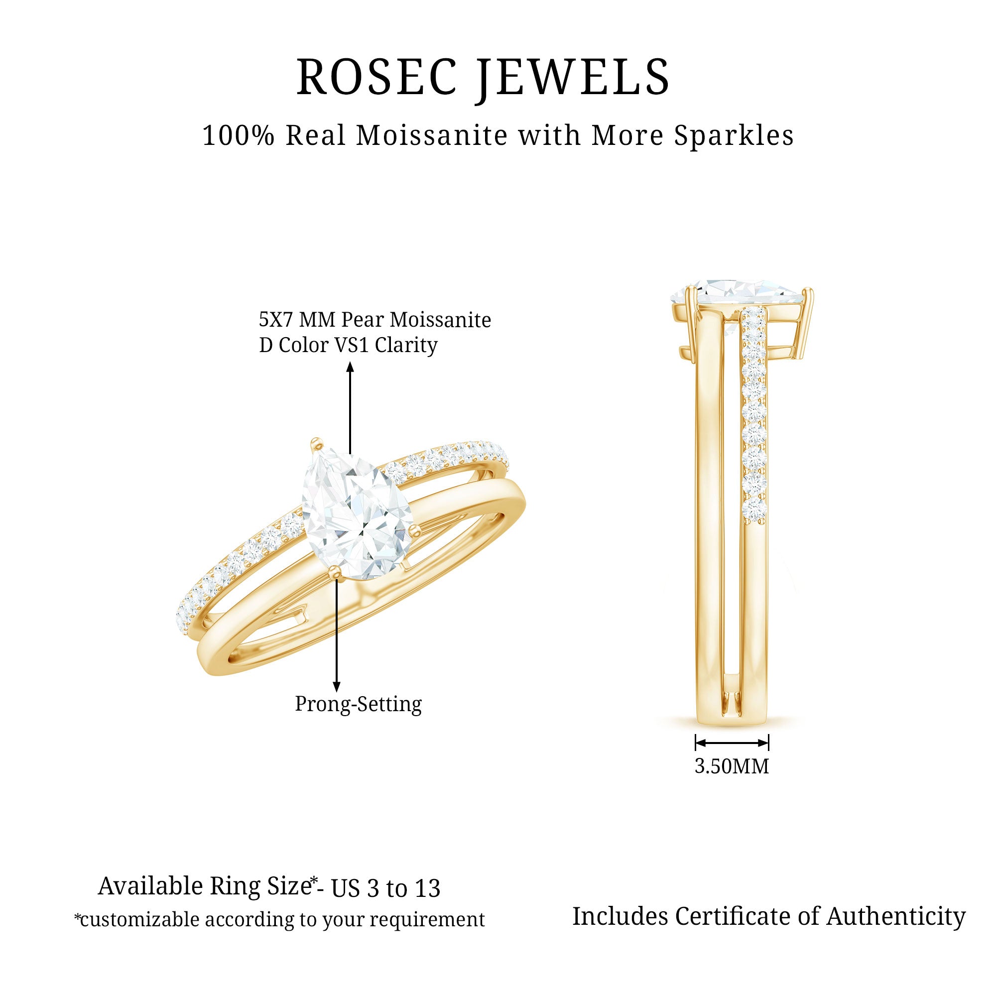 Pear Cut Solitaire Moissanite Double Band Engagement Ring D-VS1 - Rosec Jewels