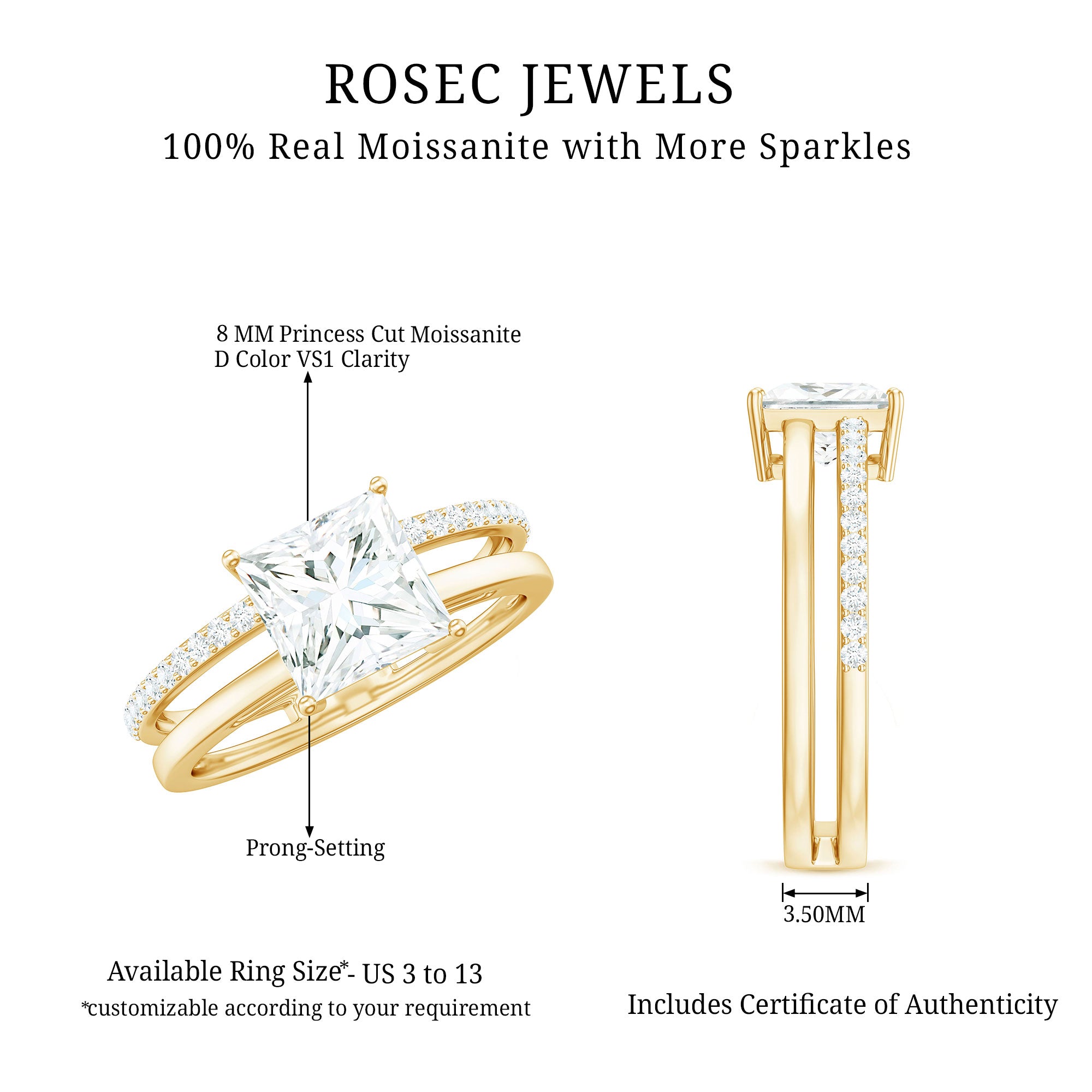 3 Carat Princess Cut Moissanite Double Band Engagement Ring D-VS1 - Rosec Jewels