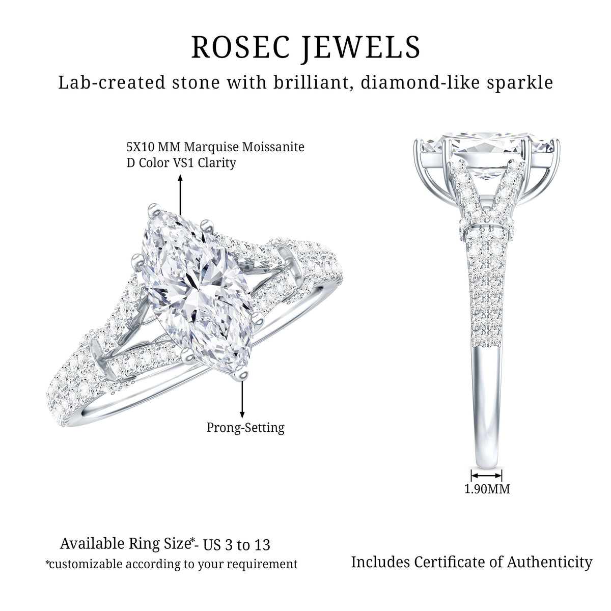 Marquise Cut Moissanite Solitaire Engagement Ring in Split Shank D-VS1 - Rosec Jewels