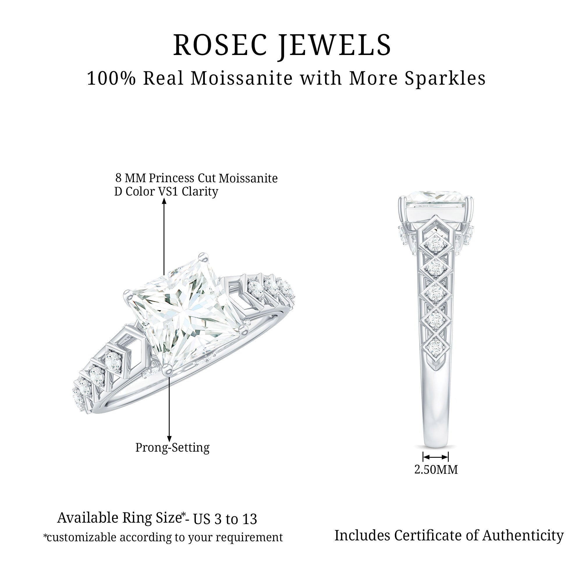 3 Carat Princess Cut Certified Moissanite Solitaire Engagement Ring D-VS1 - Rosec Jewels