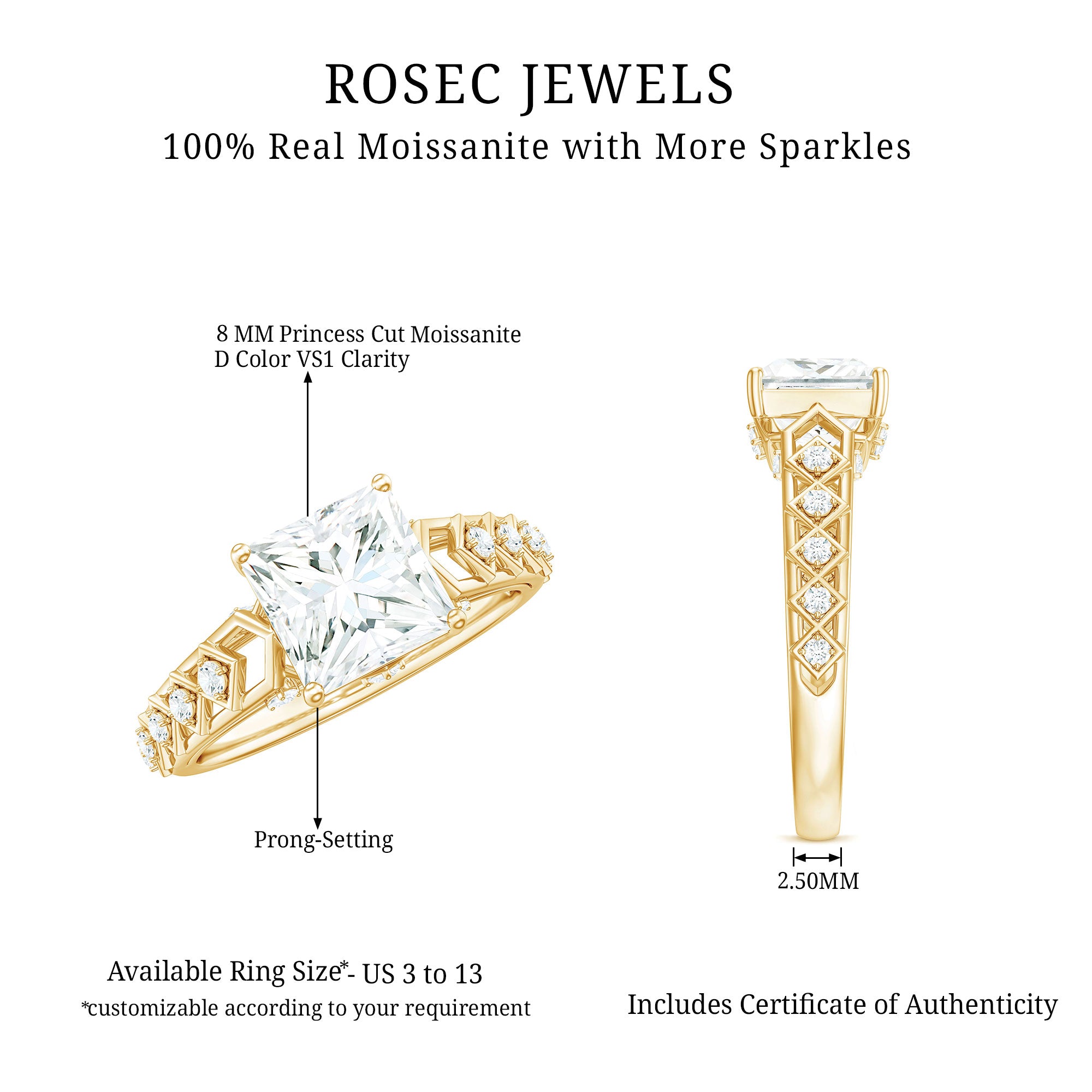 3 Carat Princess Cut Certified Moissanite Solitaire Engagement Ring D-VS1 - Rosec Jewels