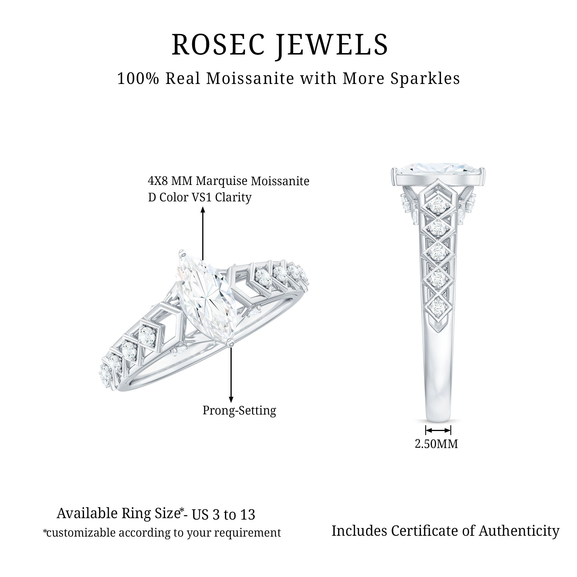 Art Deco Looking Moissanite Marquise Engagement Ring D-VS1 - Rosec Jewels