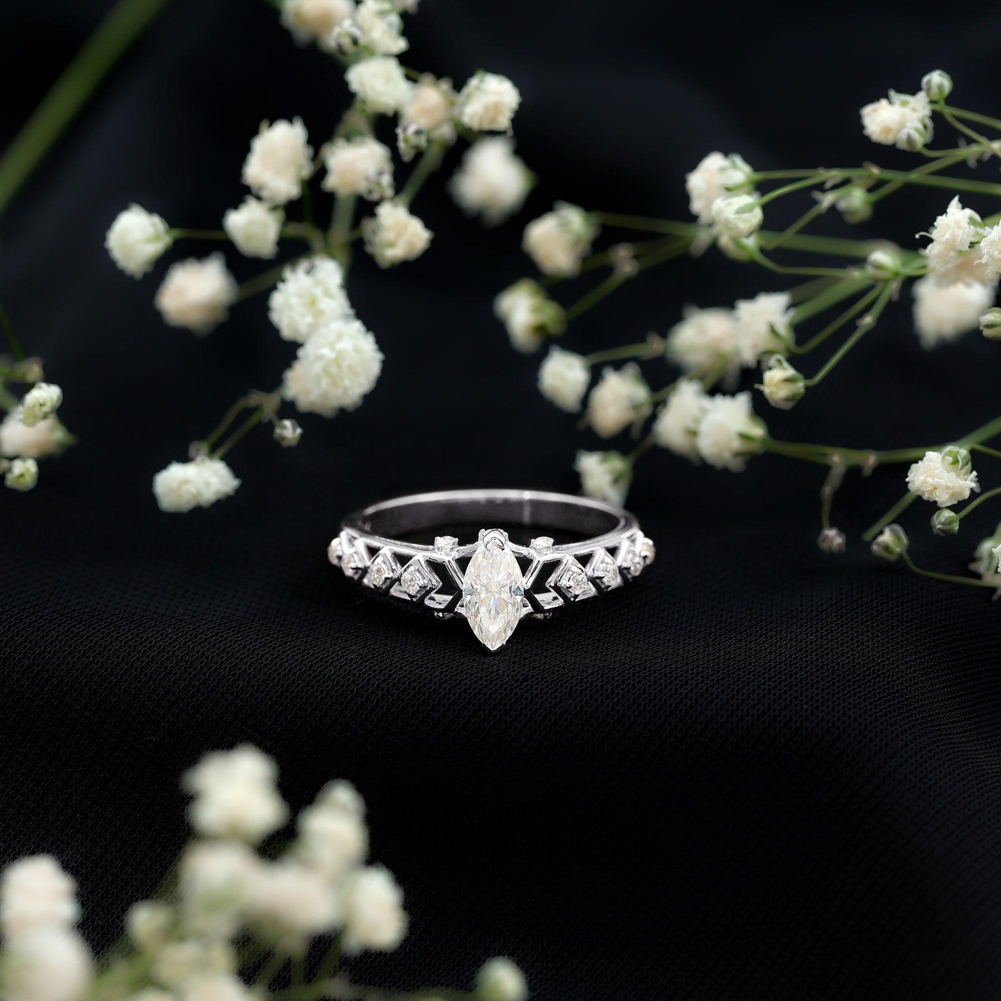 Art Deco Looking Moissanite Marquise Engagement Ring D-VS1 - Rosec Jewels